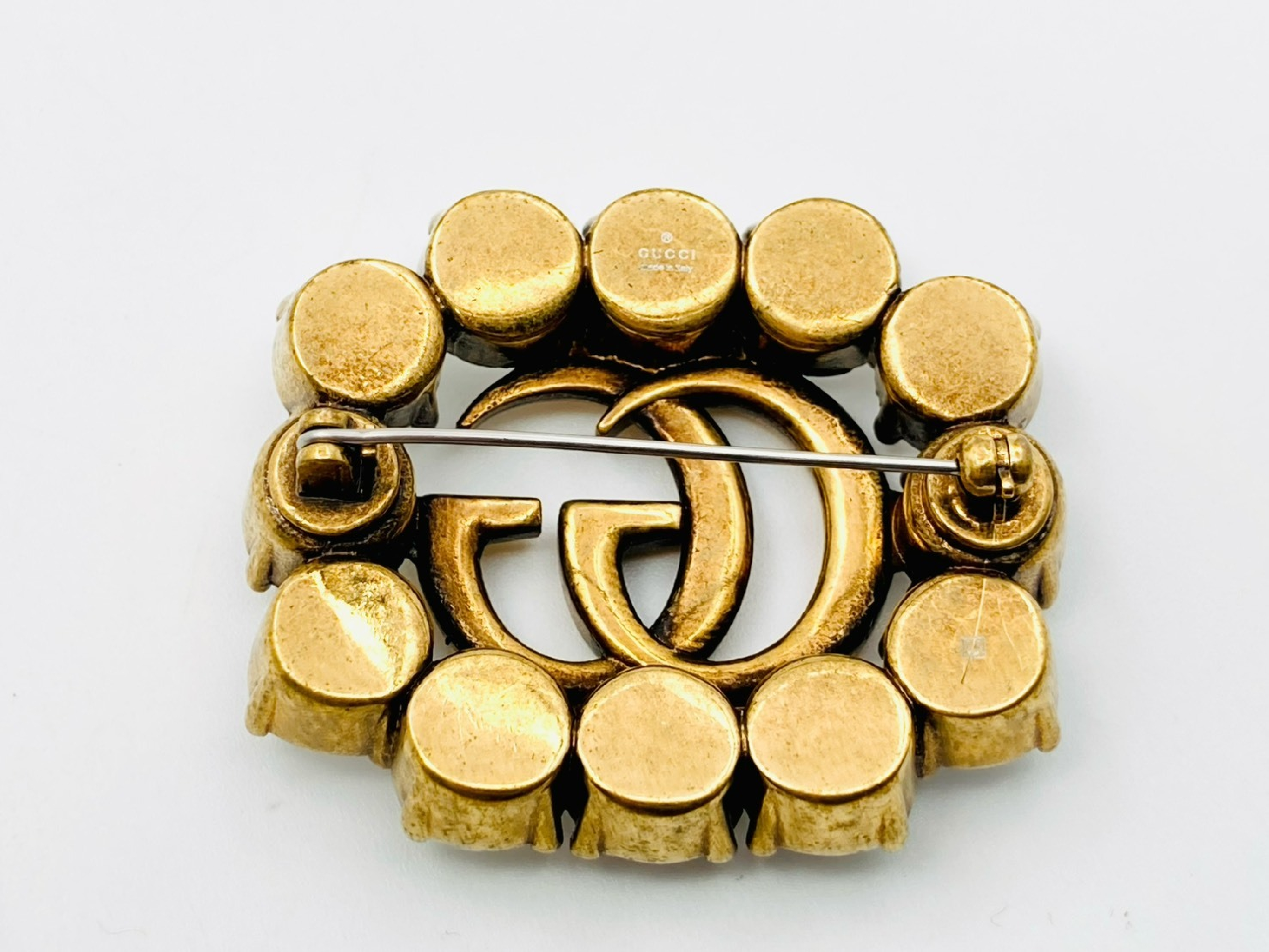 GG Marmont Double G Logo Rhinestone Crystal Brooch, Bronze Gold Brooch — view 2