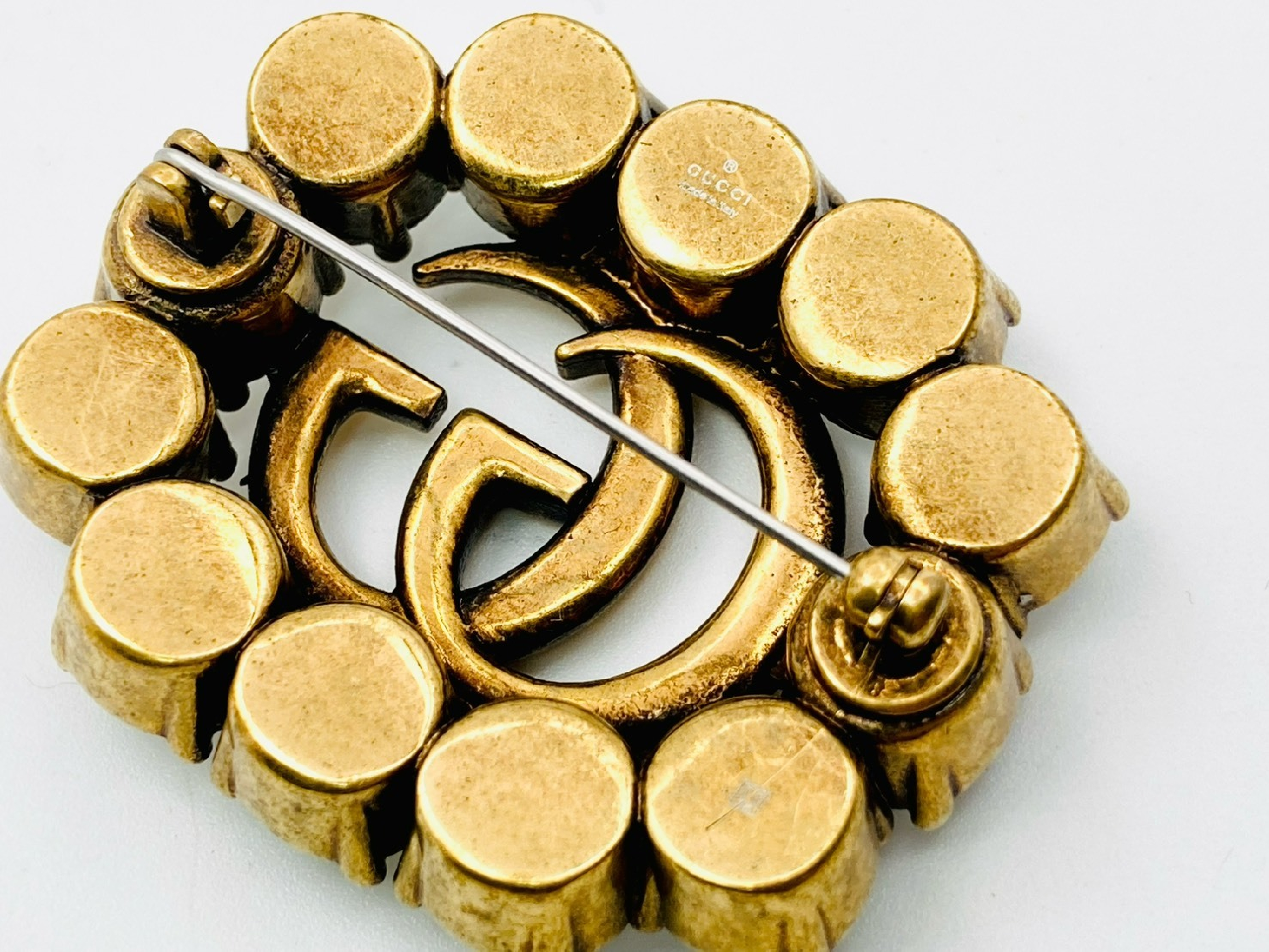 GG Marmont Double G Logo Rhinestone Crystal Brooch, Bronze Gold Brooch — view 3