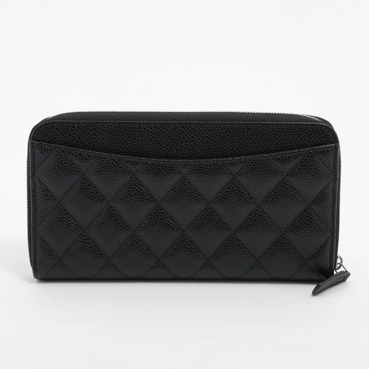 Matelassé Caviar Skin Round Zip Wallet, Black, Silver Hardware, P8XEJ80H — view 2