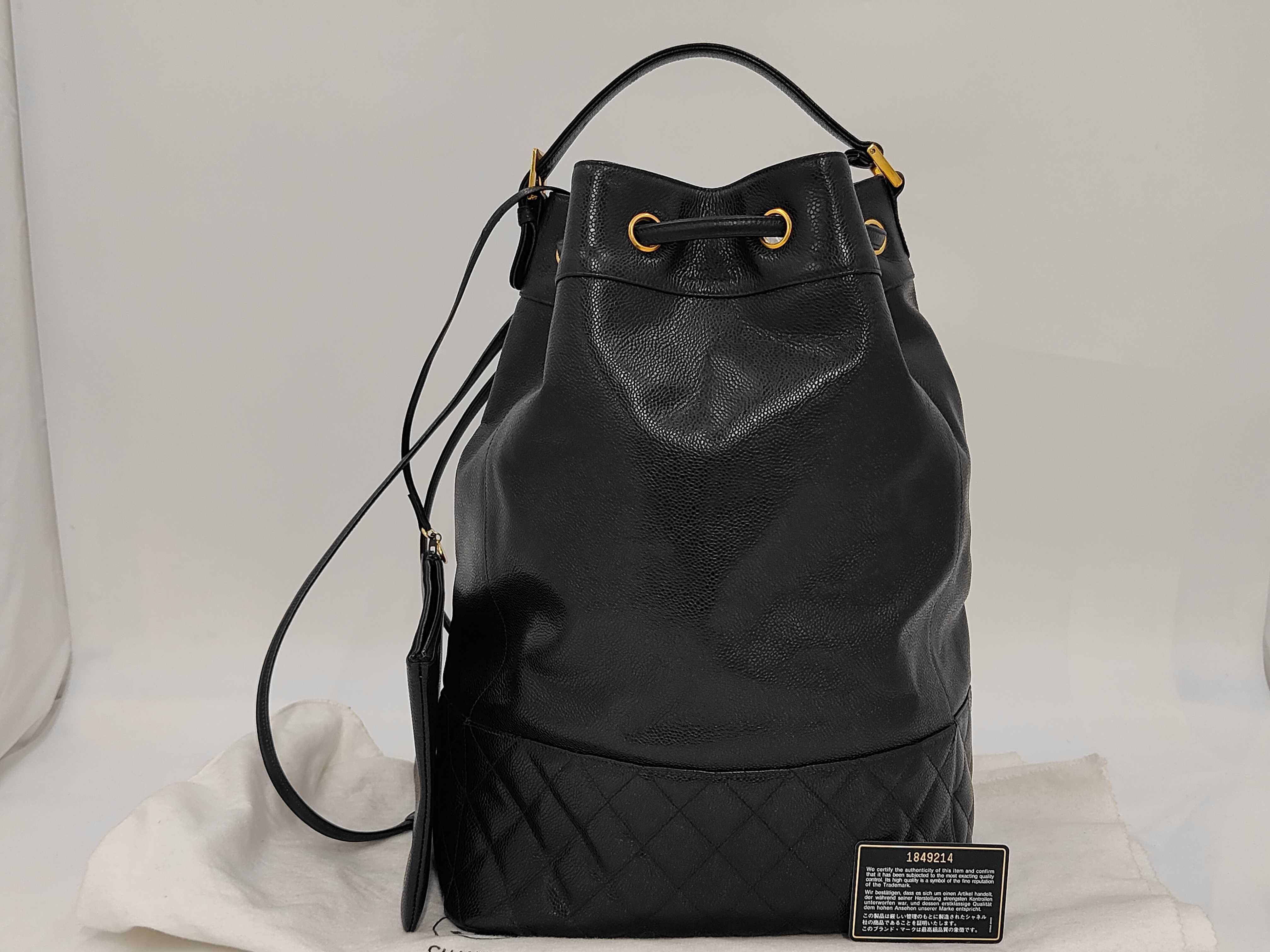 Vintage Drawstring Shoulder Bag, Black Leather Caviar Skin
