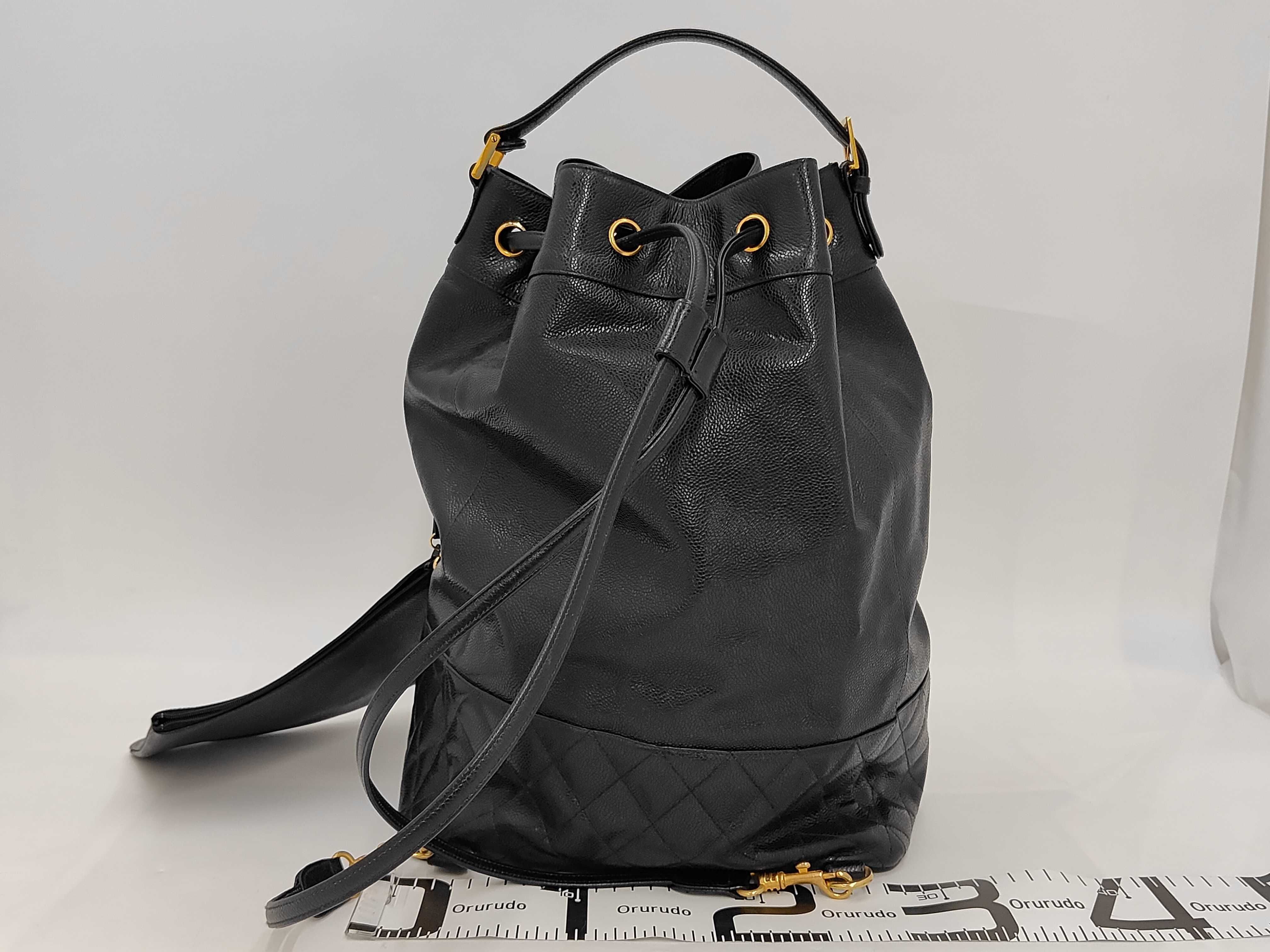 Vintage Drawstring Shoulder Bag, Black Leather Caviar Skin — view 2