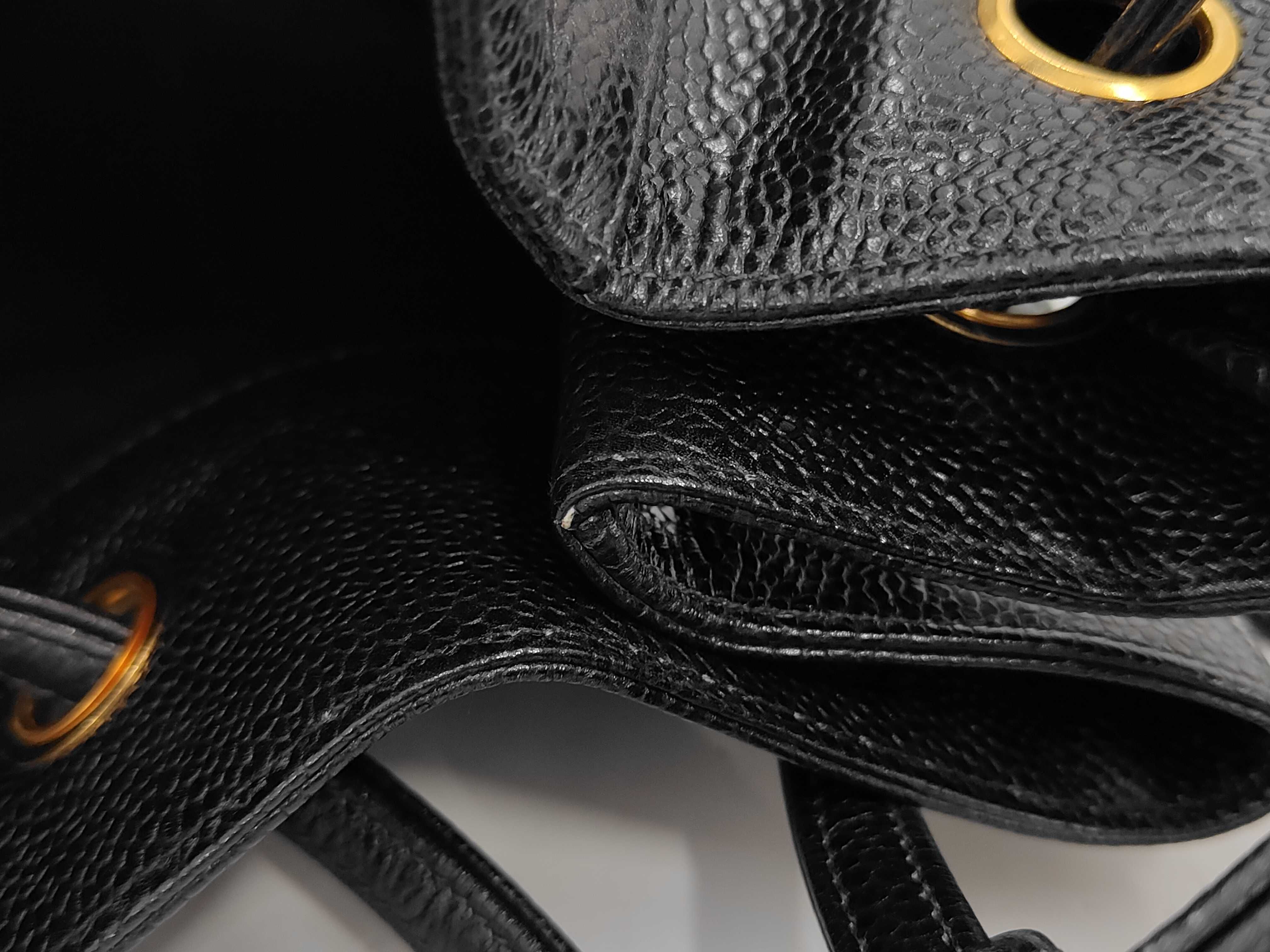 Vintage Drawstring Shoulder Bag, Black Leather Caviar Skin — view 12