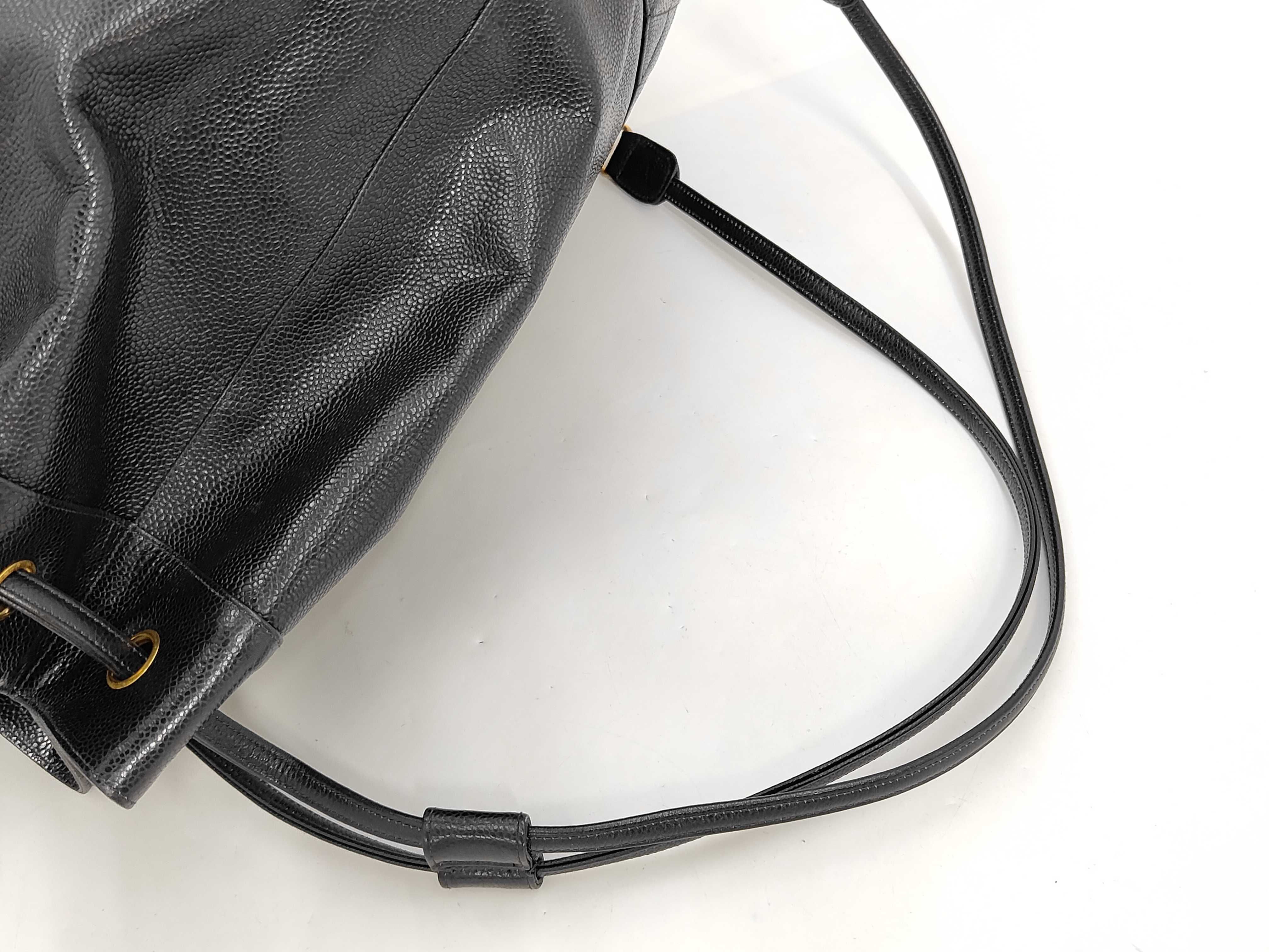 Vintage Drawstring Shoulder Bag, Black Leather Caviar Skin — view 5