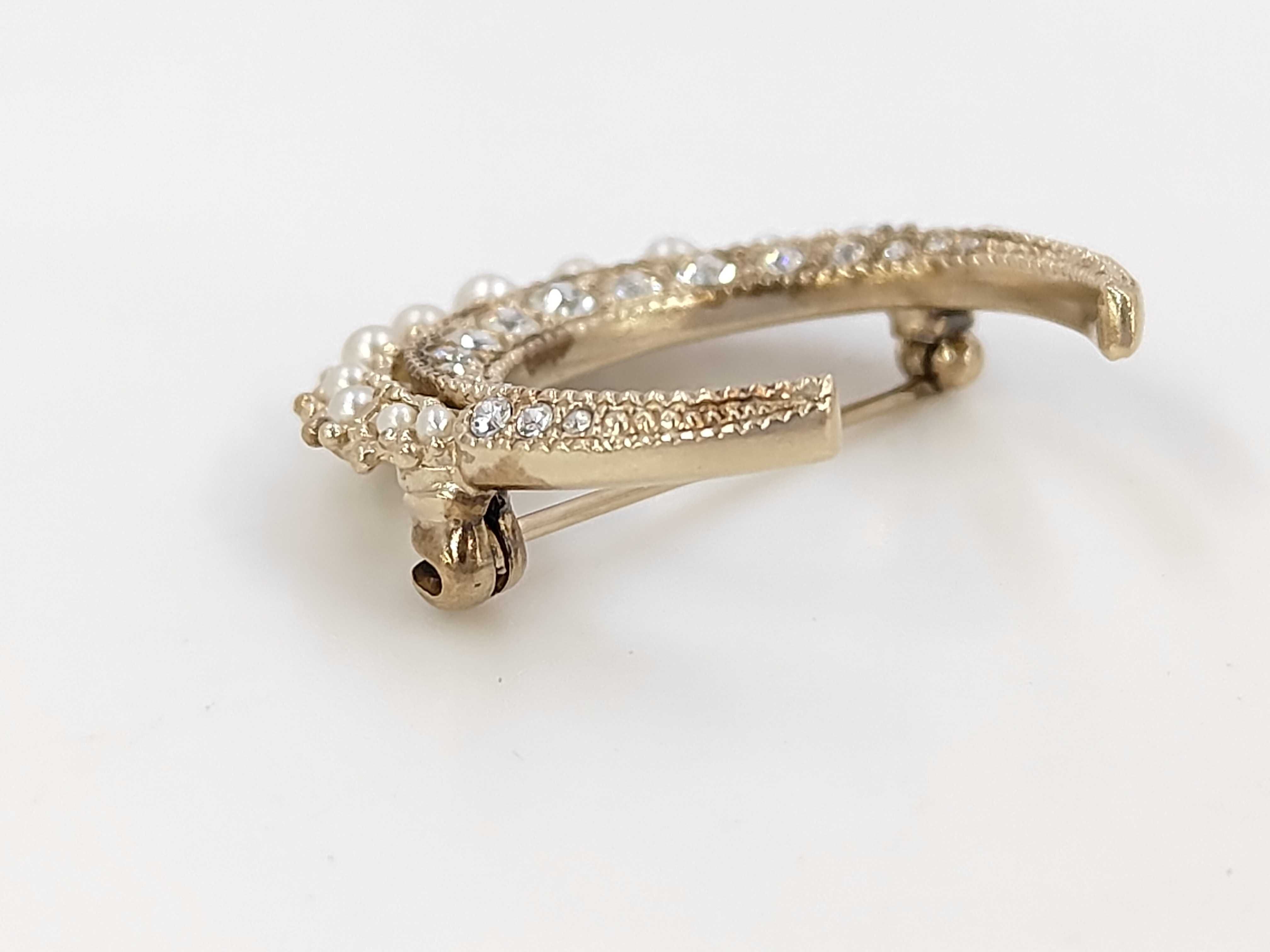 Rhinestone and Faux Pearl Crescent Moon Brooch — view 2
