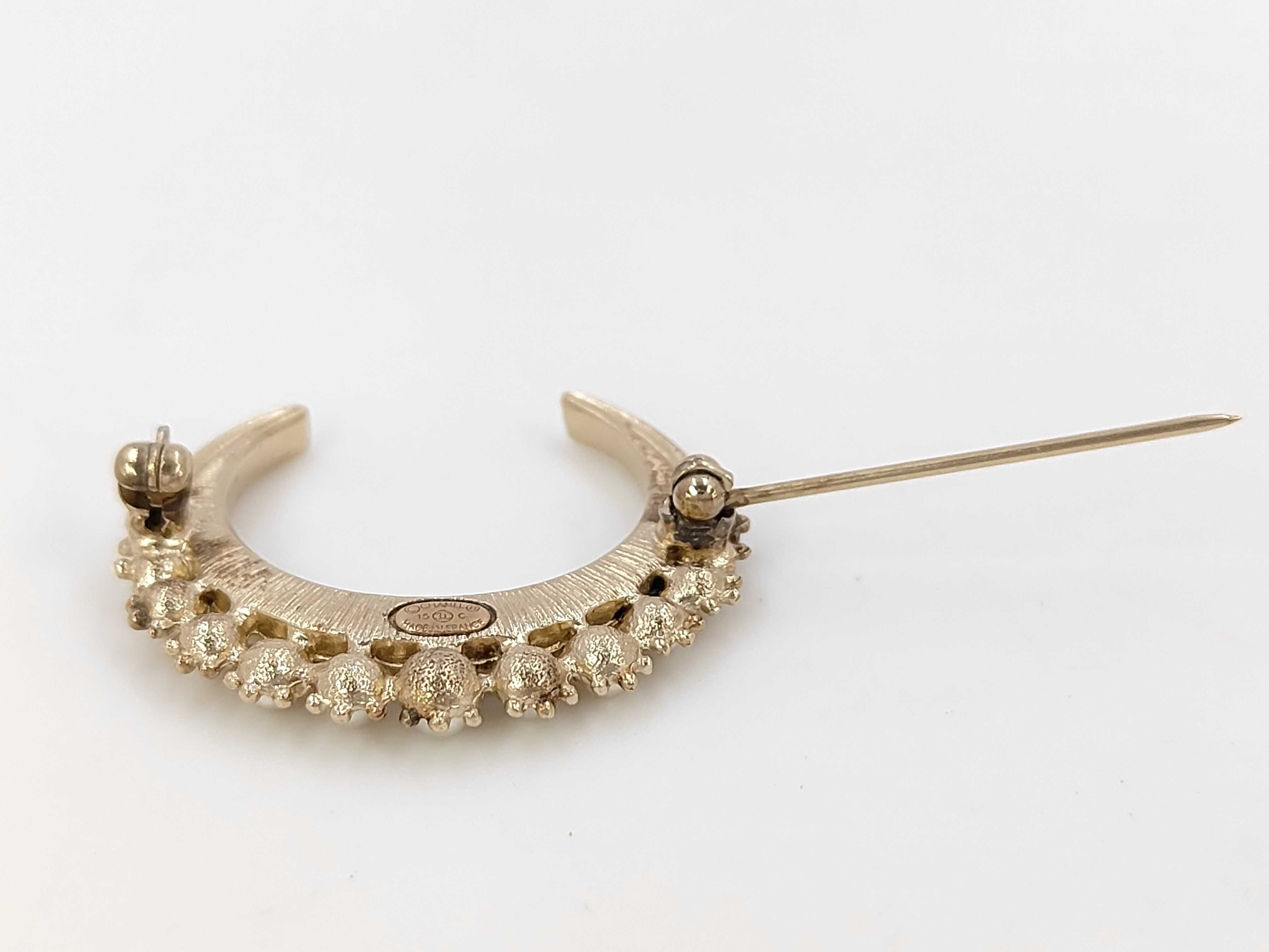 Rhinestone and Faux Pearl Crescent Moon Brooch — view 4
