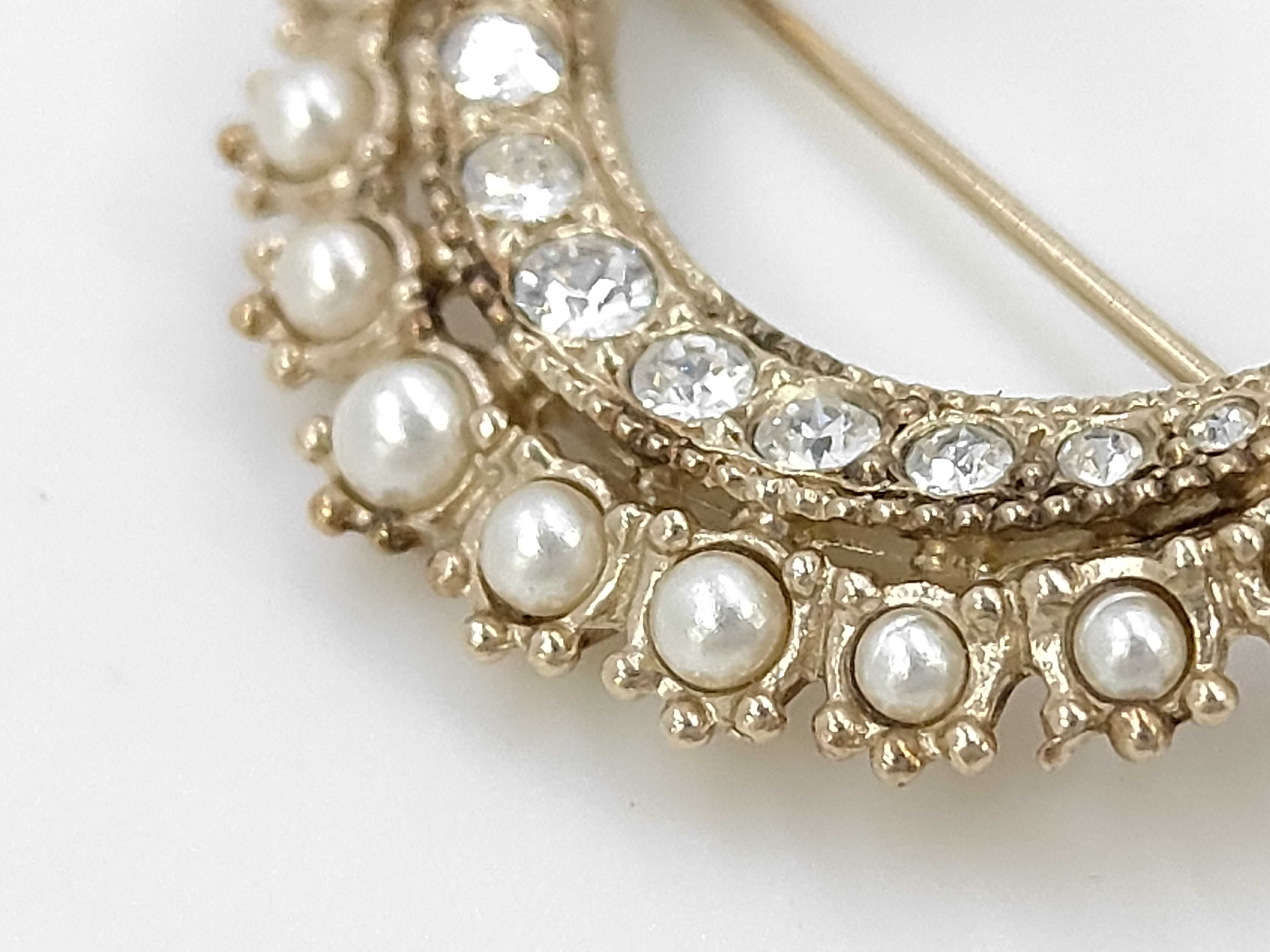 Rhinestone and Faux Pearl Crescent Moon Brooch — view 6