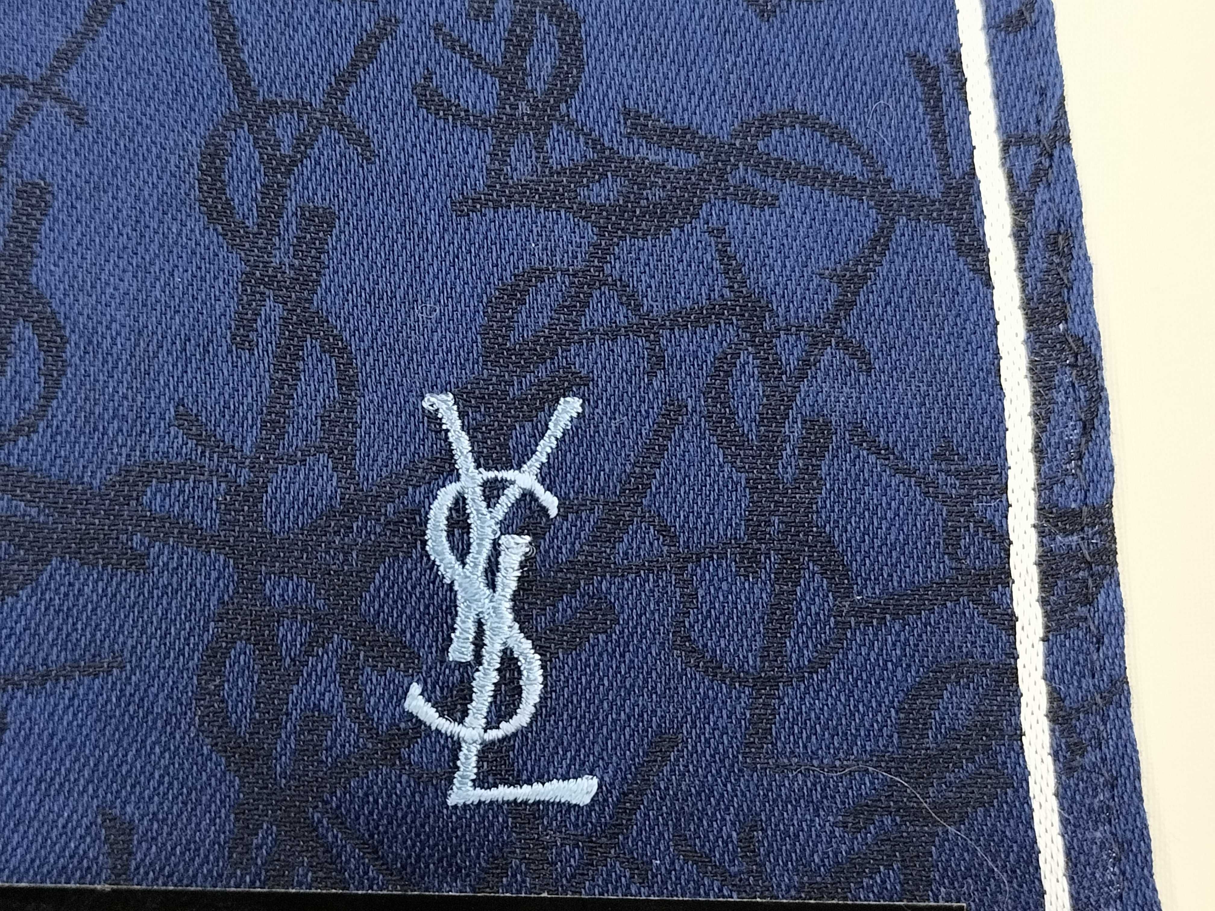 handkerchief/scarf with sticker, YSL logo embroidery, jacquard pattern, blue, and other accessories. — view 4