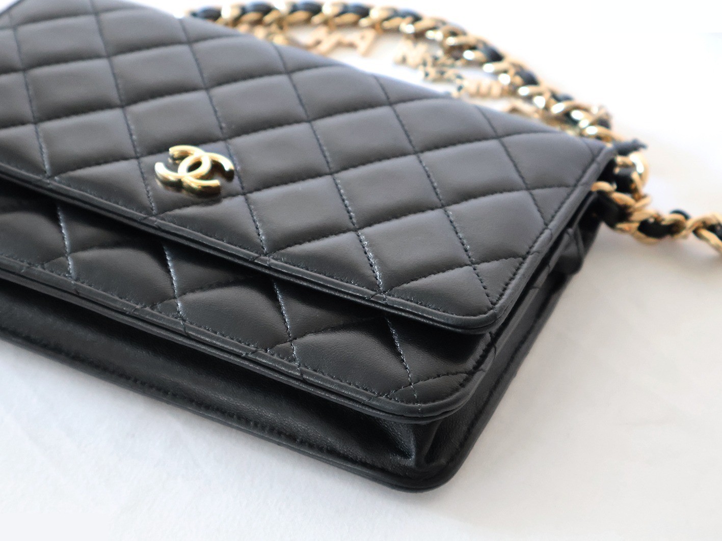 Lambskin Matelassé Charm Chain Wallet Shoulder Bag, Black — view 4
