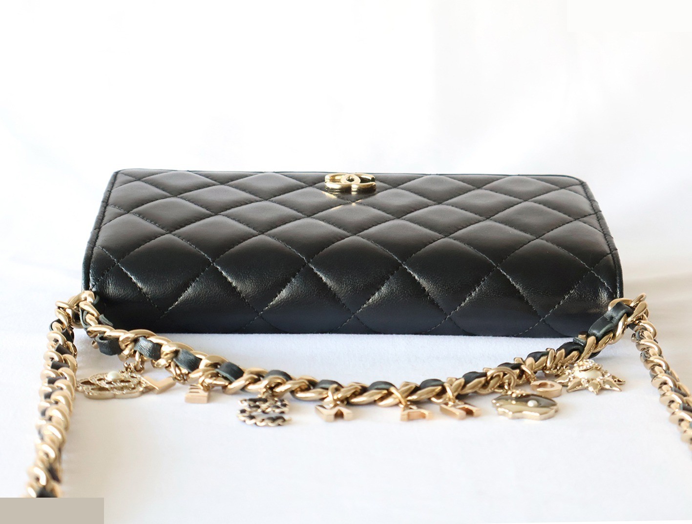 Lambskin Matelassé Charm Chain Wallet Shoulder Bag, Black — view 5