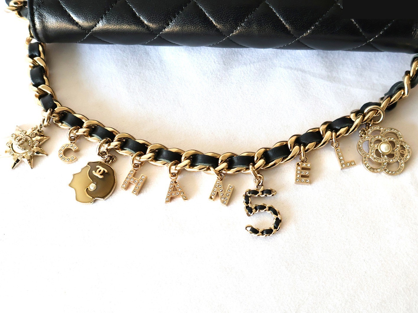 Lambskin Matelassé Charm Chain Wallet Shoulder Bag, Black — view 7