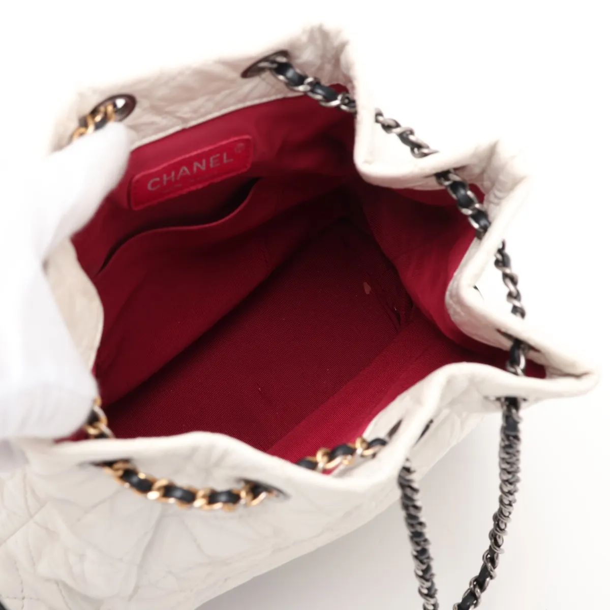 Gabrielle de Chanel Vintage Calf Chain Backpack, White x Black, Gold x Silver Hardware, 24806104, Serial Number 24 — view 7