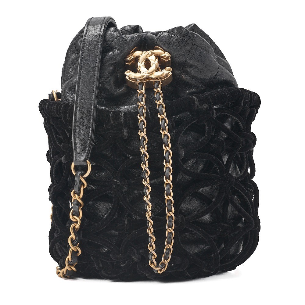 Lambskin x Velvet Drawstring Chain Shoulder Bag, Black, Gold Hardware