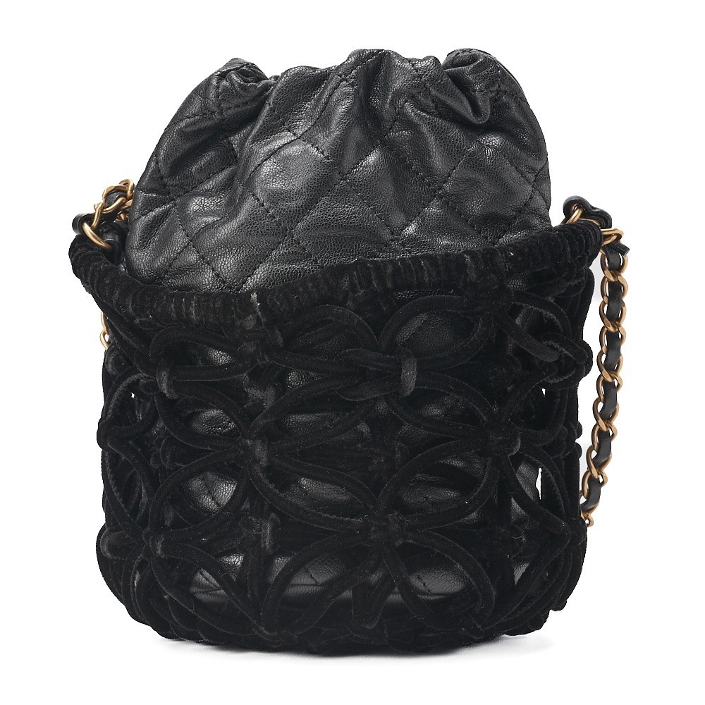 Lambskin x Velvet Drawstring Chain Shoulder Bag, Black, Gold Hardware — view 2