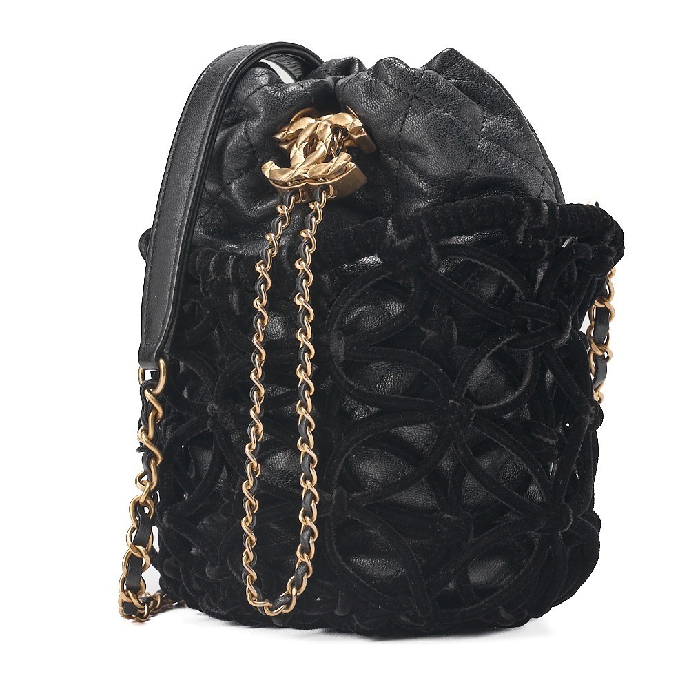 Lambskin x Velvet Drawstring Chain Shoulder Bag, Black, Gold Hardware — view 3
