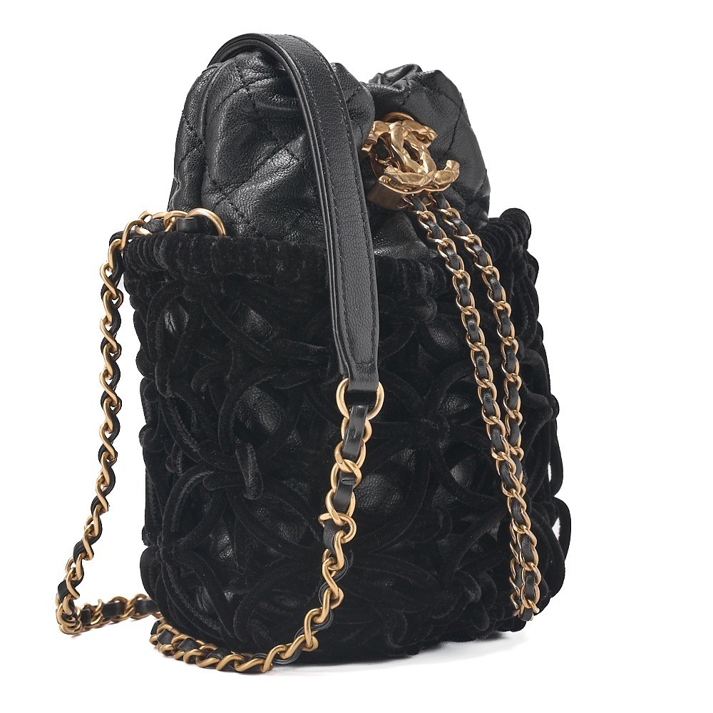 Lambskin x Velvet Drawstring Chain Shoulder Bag, Black, Gold Hardware — view 4
