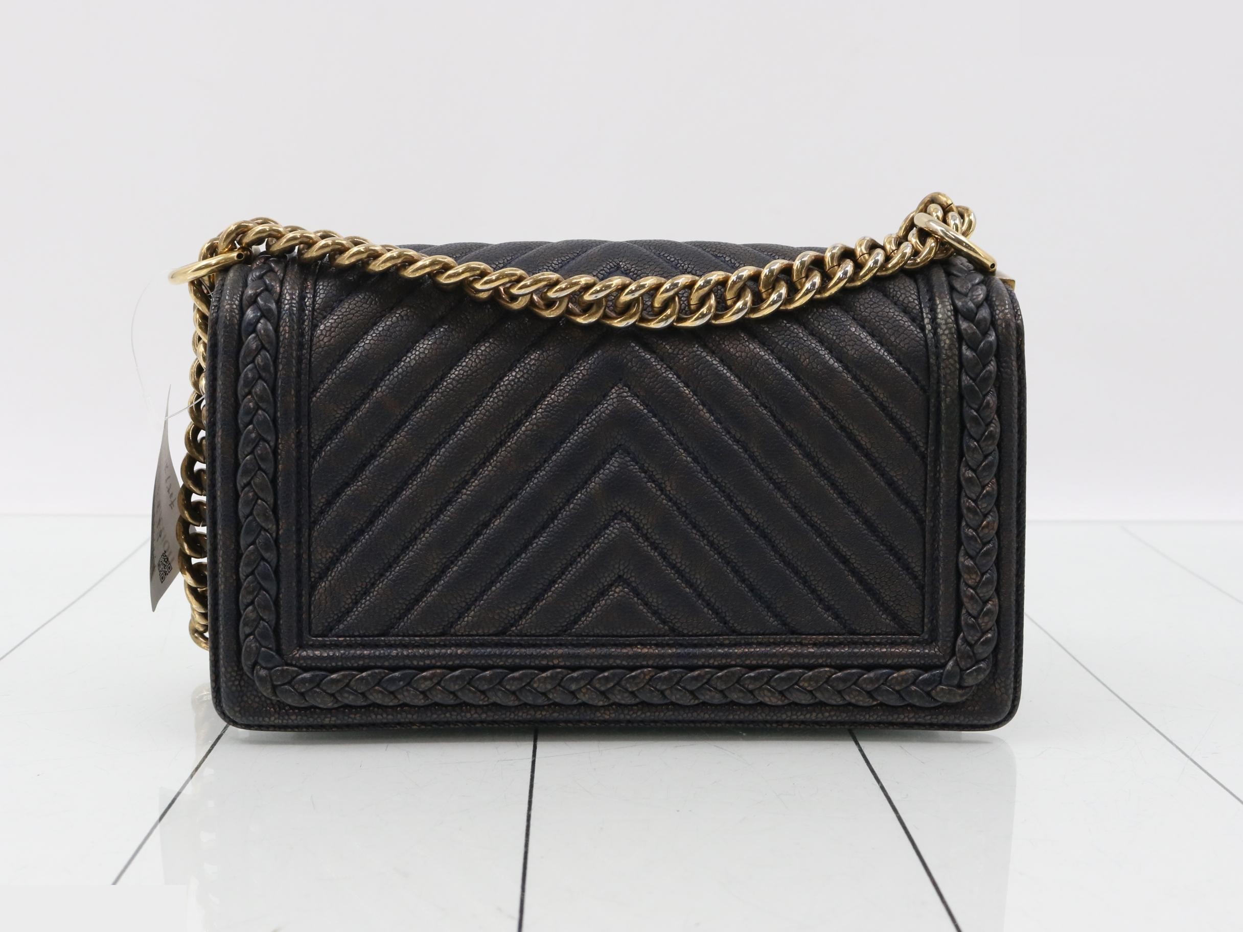 Caviar leather V-stitch Boy Chanel chain shoulder bag, gray — view 2