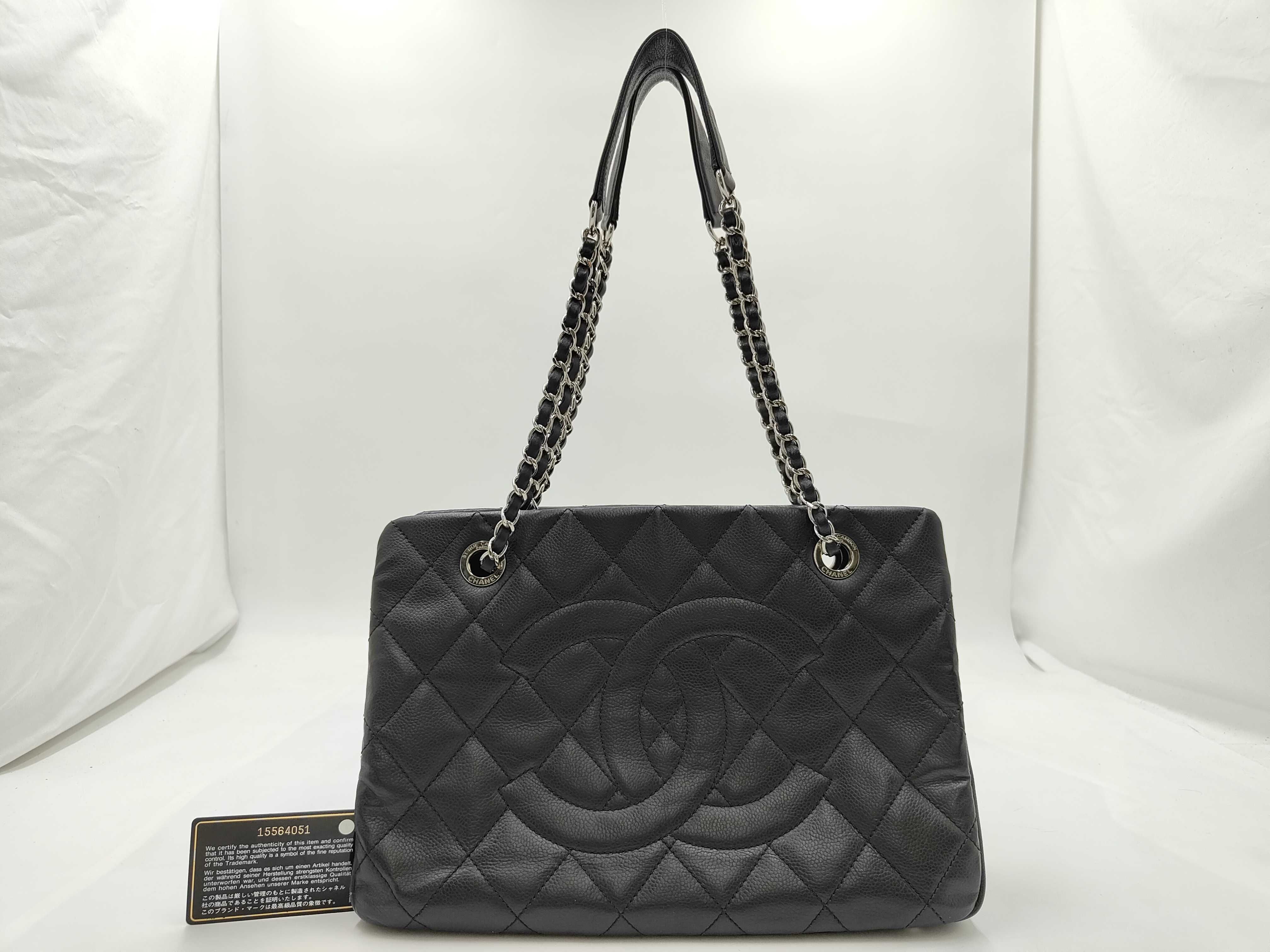 Black Caviar Leather Chain Tote Bag with Silver Hardware (Serial Number 15-series, A66871)