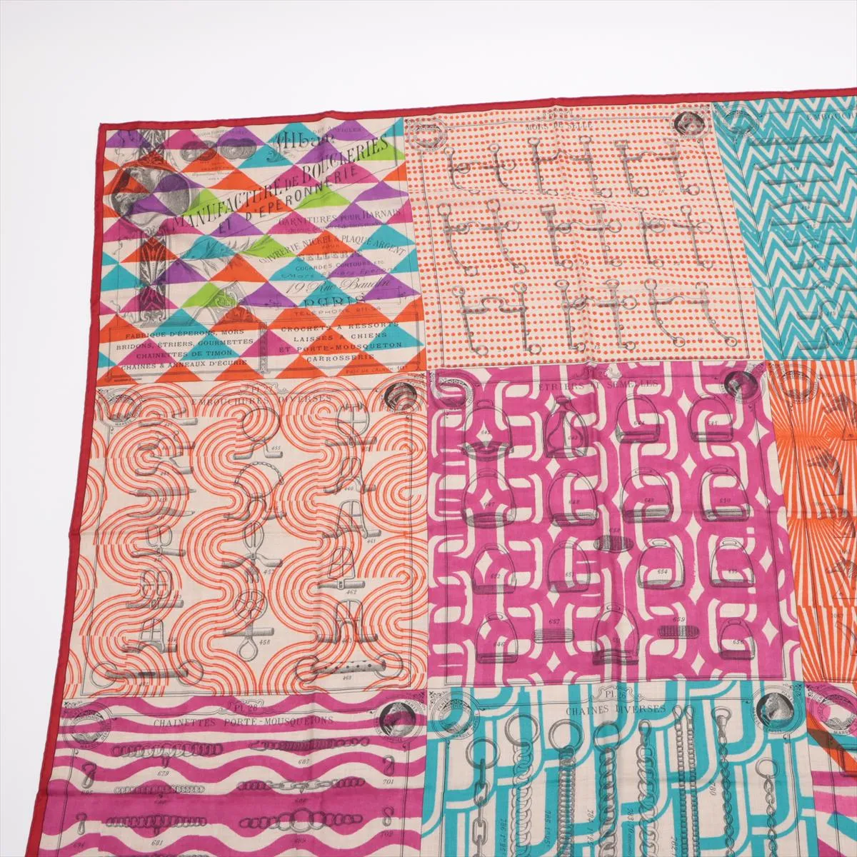 Hermès Carre Geant "Manufacturing Workshop of Buckles" scarf, cashmere x silk, multicolor, some wear, snags, pilling. — view 2