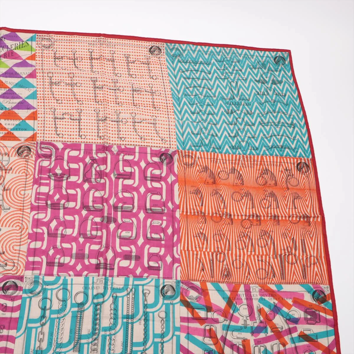 Hermès Carre Geant "Manufacturing Workshop of Buckles" scarf, cashmere x silk, multicolor, some wear, snags, pilling. — view 3
