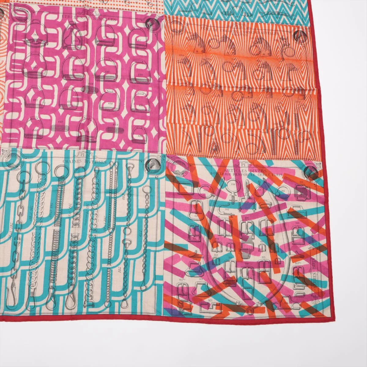 Hermès Carre Geant "Manufacturing Workshop of Buckles" scarf, cashmere x silk, multicolor, some wear, snags, pilling. — view 4