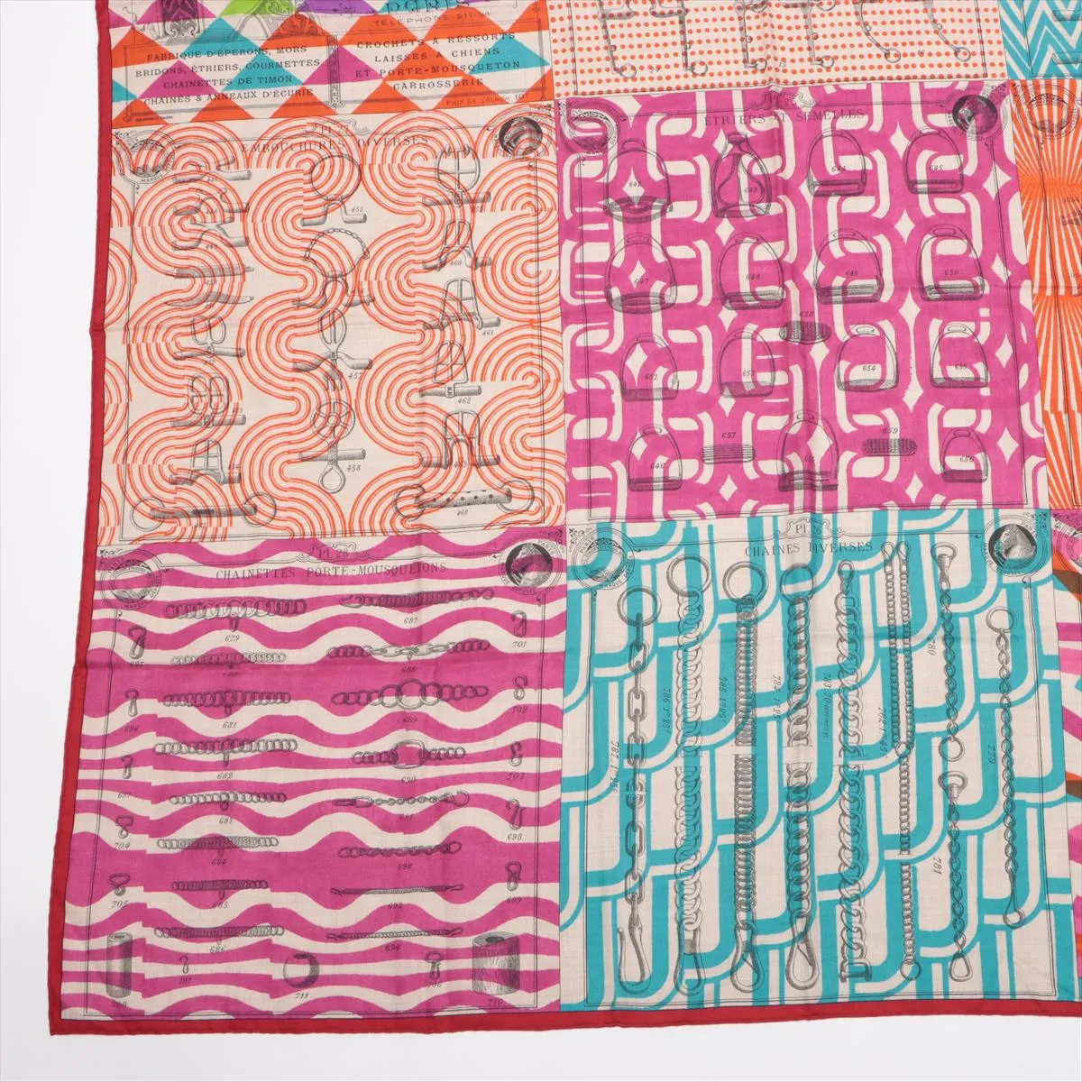 Hermès Carre Geant "Manufacturing Workshop of Buckles" scarf, cashmere x silk, multicolor, some wear, snags, pilling. — view 5