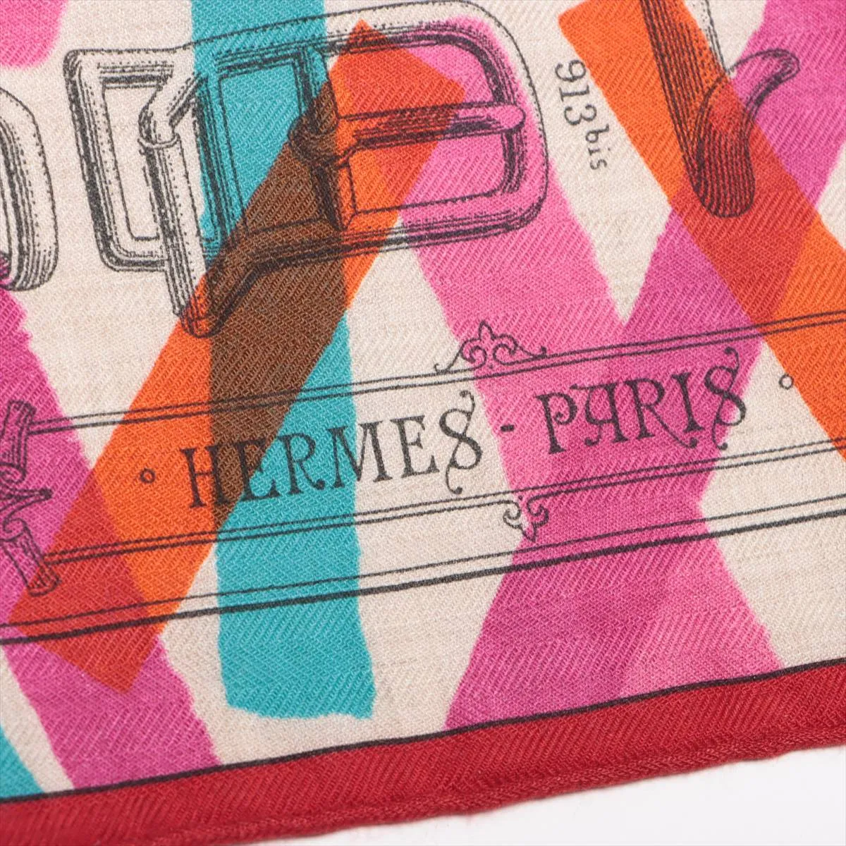 Hermès Carre Geant "Manufacturing Workshop of Buckles" scarf, cashmere x silk, multicolor, some wear, snags, pilling. — view 6