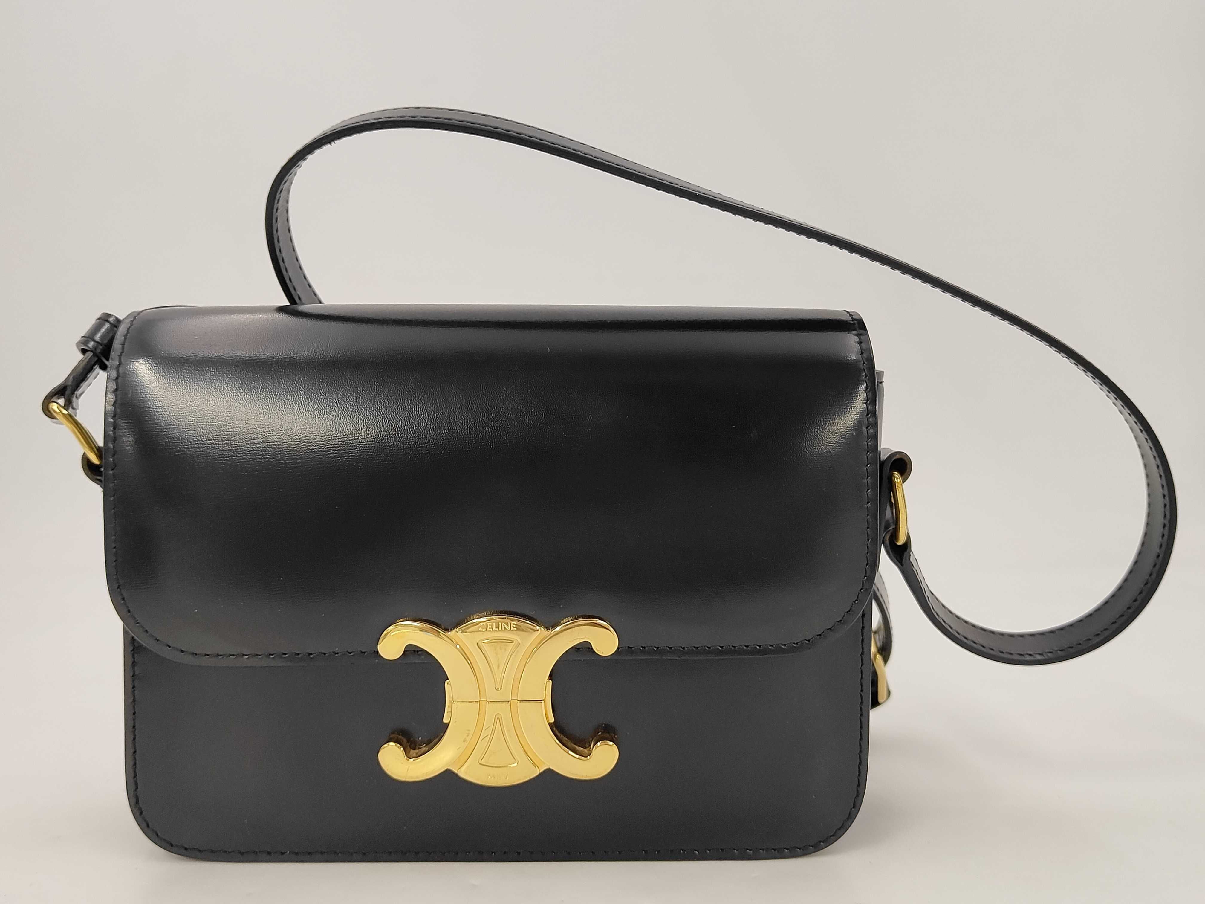 Triomphe Calf Leather Shoulder Bag, Black with Gold Hardware