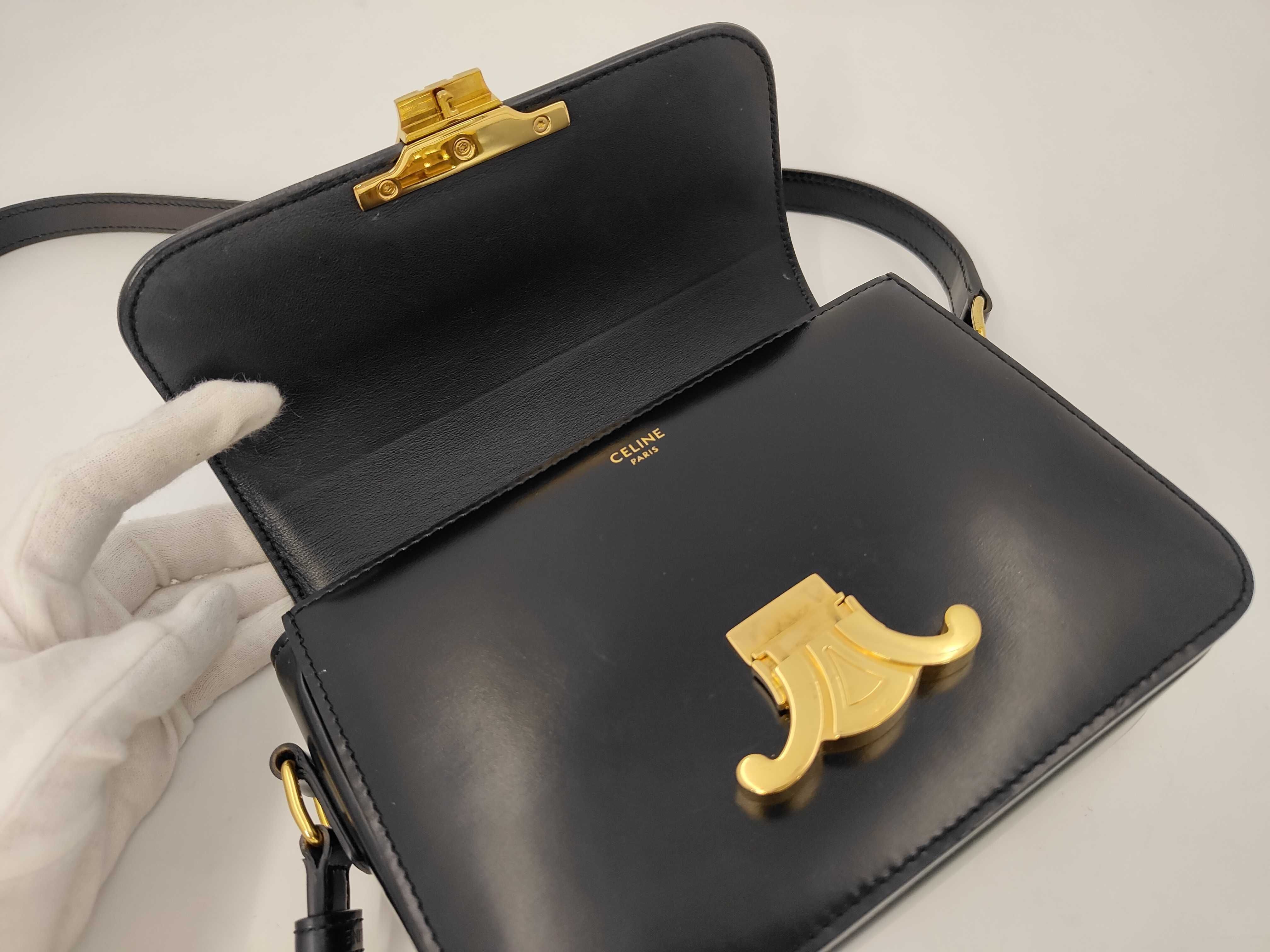 Triomphe Calf Leather Shoulder Bag, Black with Gold Hardware — view 8
