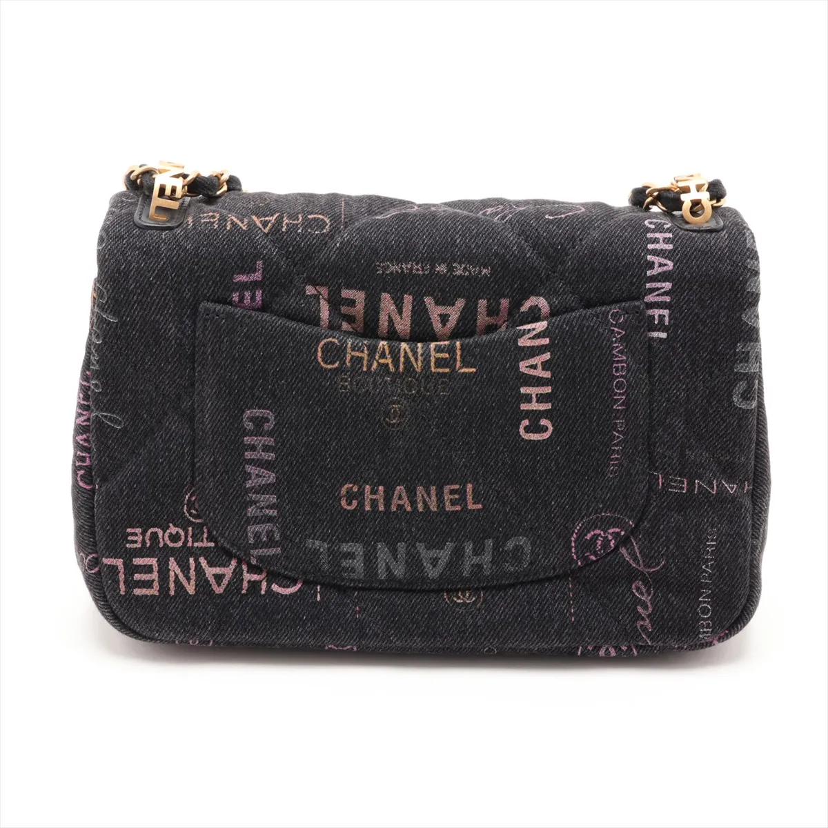 Matelassé Denim Chain Shoulder Bag, Black with Gold Hardware, EG0CPEPJ, Random Plate — view 2