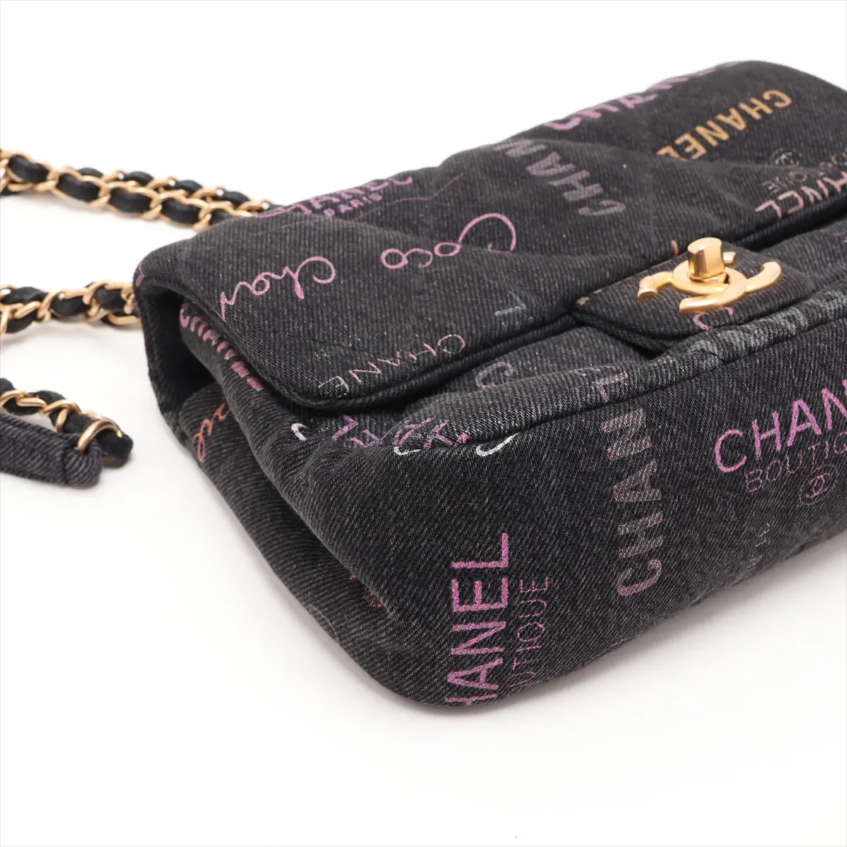 Matelassé Denim Chain Shoulder Bag, Black with Gold Hardware, EG0CPEPJ, Random Plate — view 4