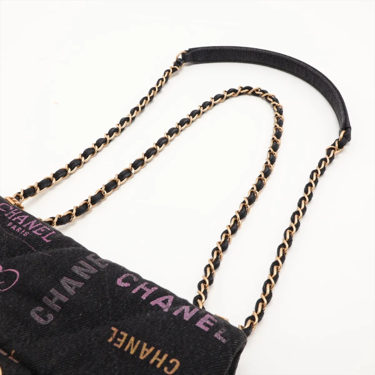 Matelassé Denim Chain Shoulder Bag, Black with Gold Hardware, EG0CPEPJ, Random Plate — view 5