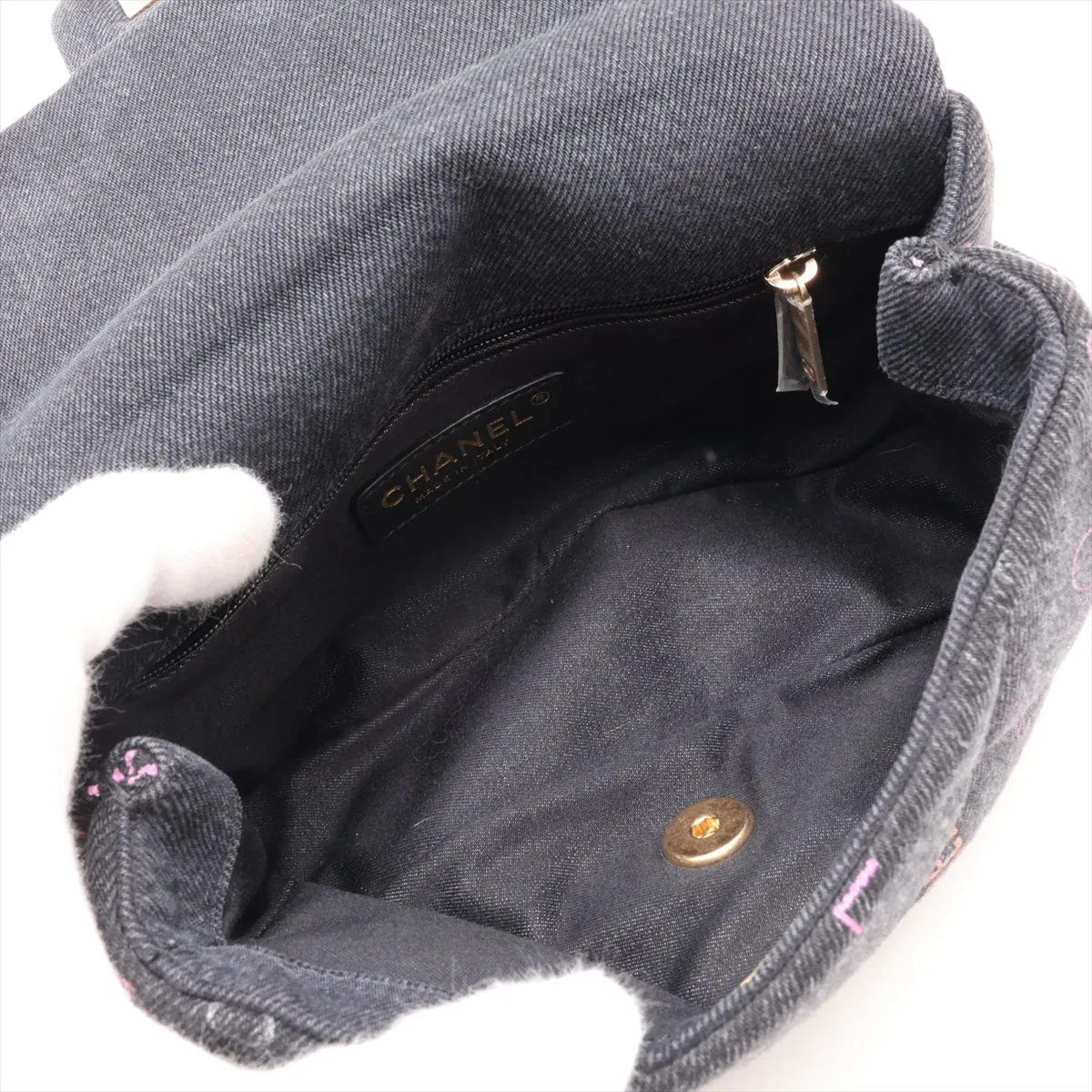 Matelassé Denim Chain Shoulder Bag, Black with Gold Hardware, EG0CPEPJ, Random Plate — view 6