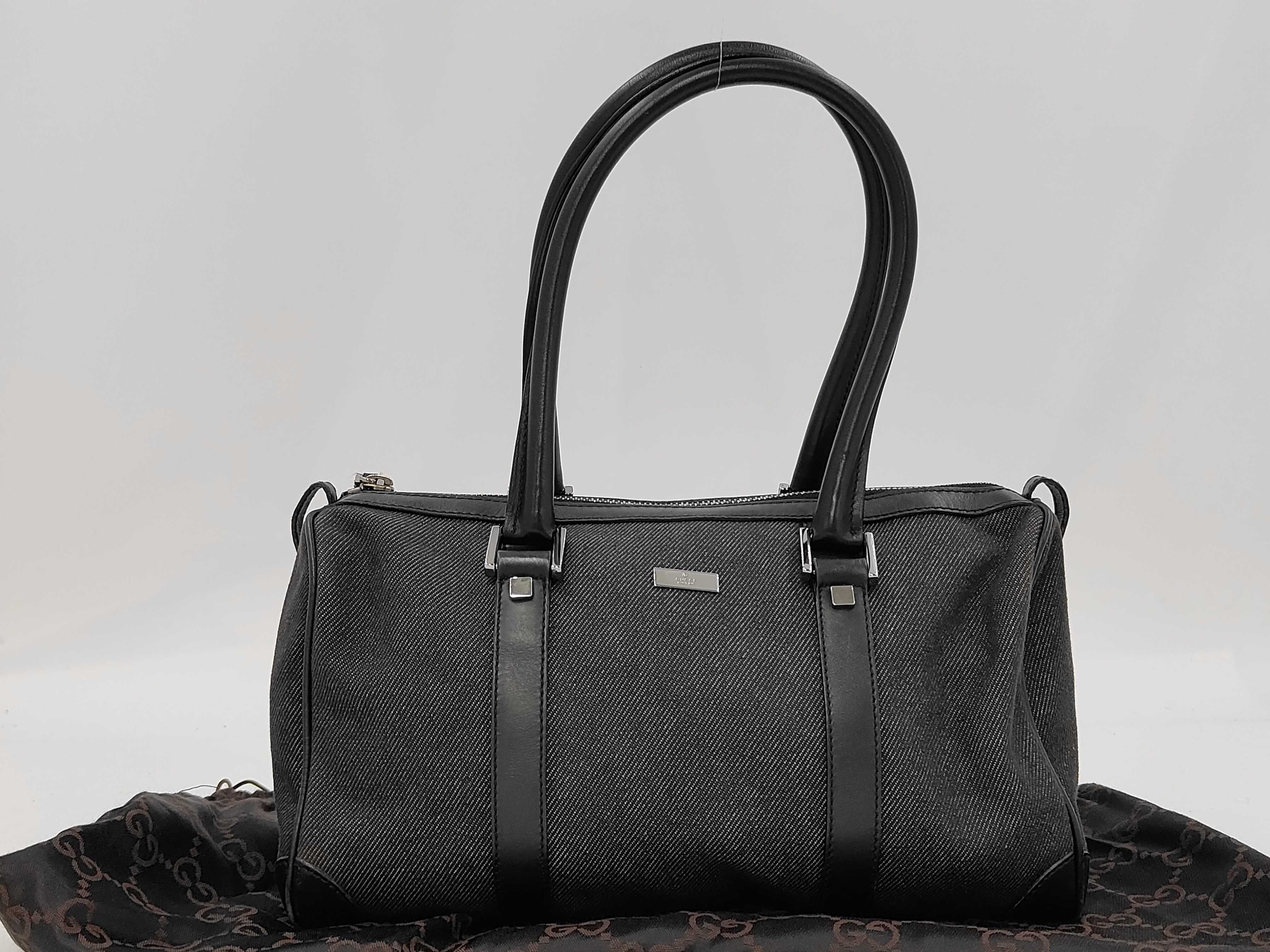 30458 Mini Boston Bag Handbag Denim Canvas x Leather Black Handbag