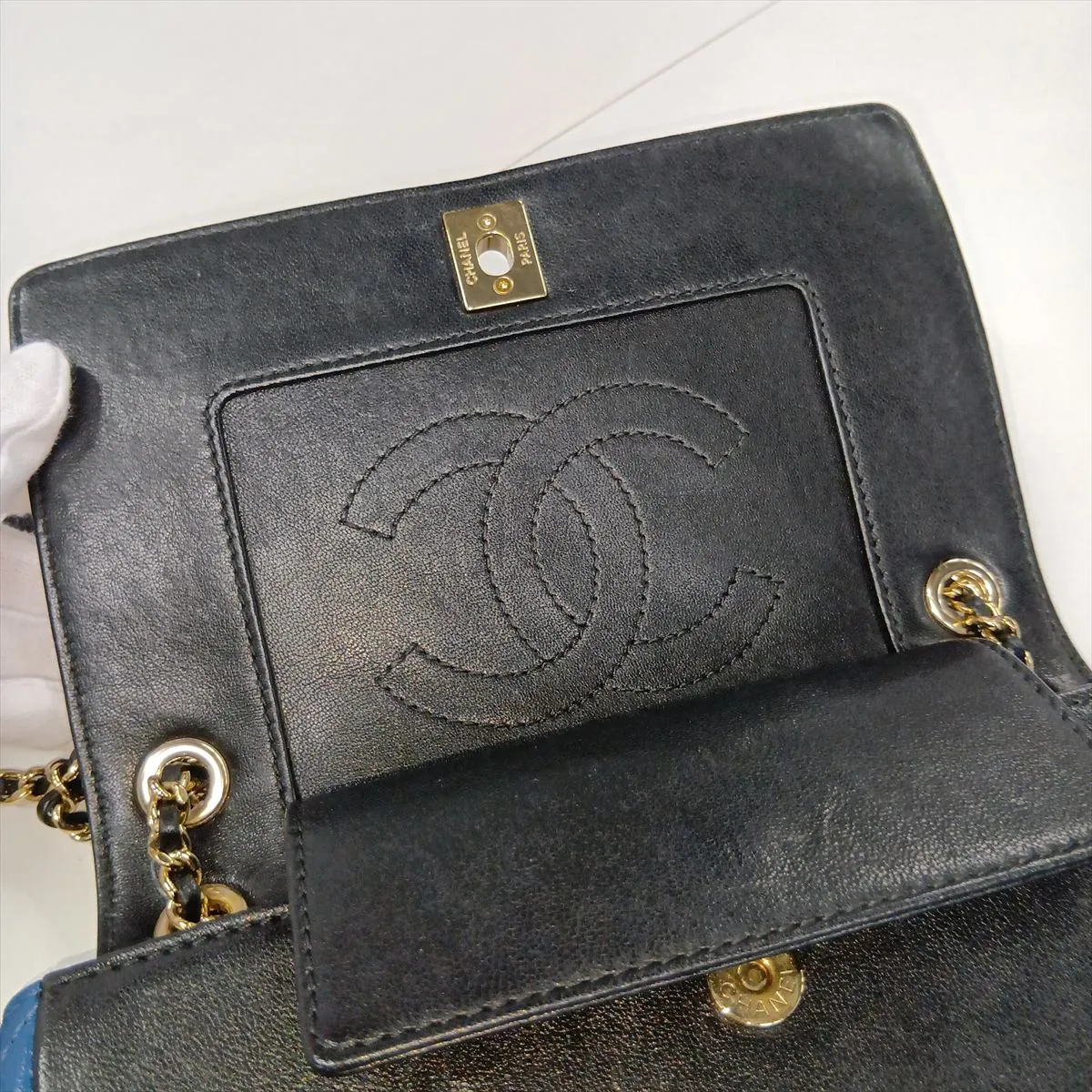 Matelassé Lambskin Double Flap Double Chain Bag, Black x Blue, Gold Hardware, 23790953, Serial Number 23 — view 14