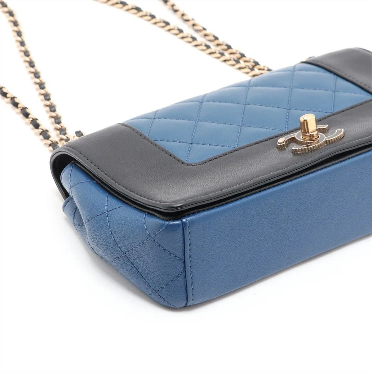 Matelassé Lambskin Double Flap Double Chain Bag, Black x Blue, Gold Hardware, 23790953, Serial Number 23 — view 4