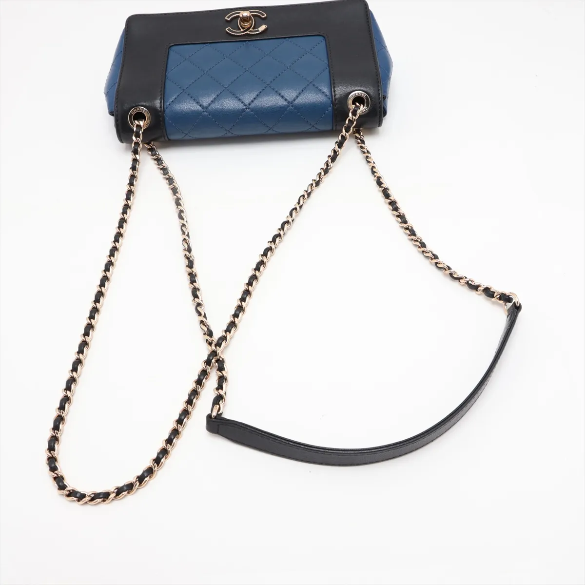 Matelassé Lambskin Double Flap Double Chain Bag, Black x Blue, Gold Hardware, 23790953, Serial Number 23 — view 5