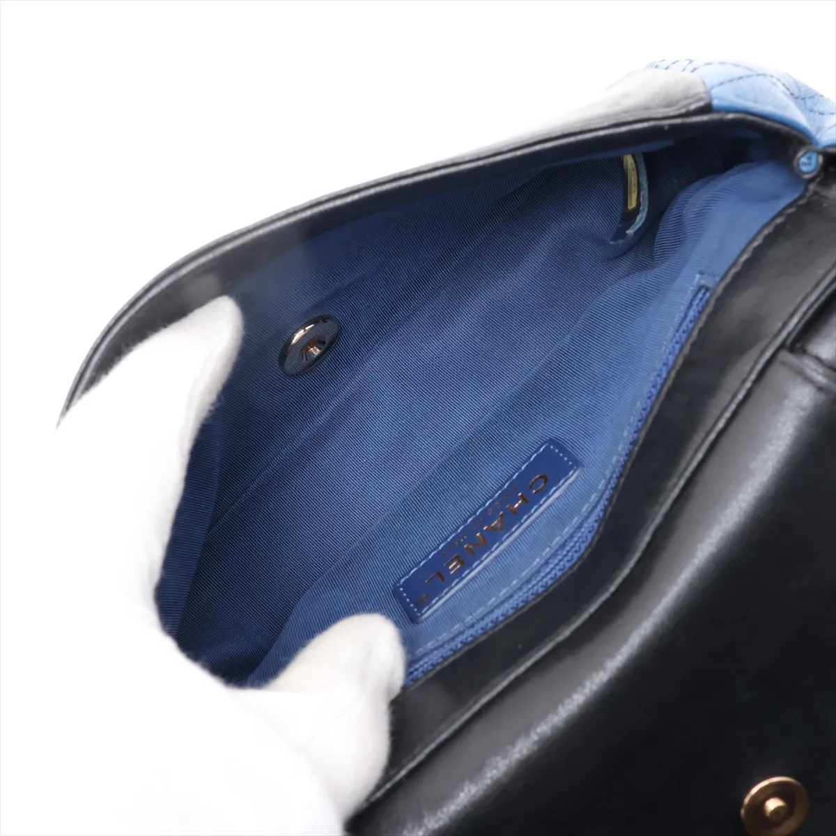 Matelassé Lambskin Double Flap Double Chain Bag, Black x Blue, Gold Hardware, 23790953, Serial Number 23 — view 7
