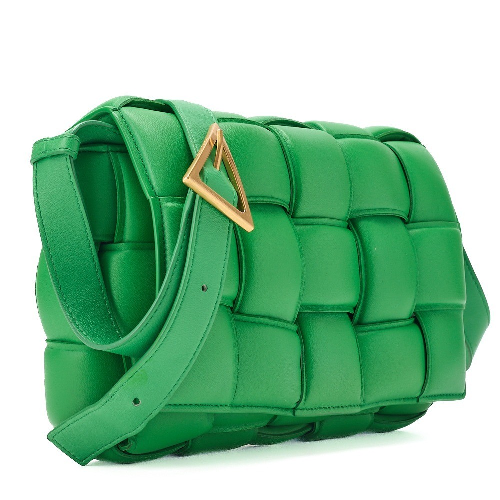 Lambskin Intrecciato Padded Cassette Shoulder Bag, Green, Silver Hardware — view 3