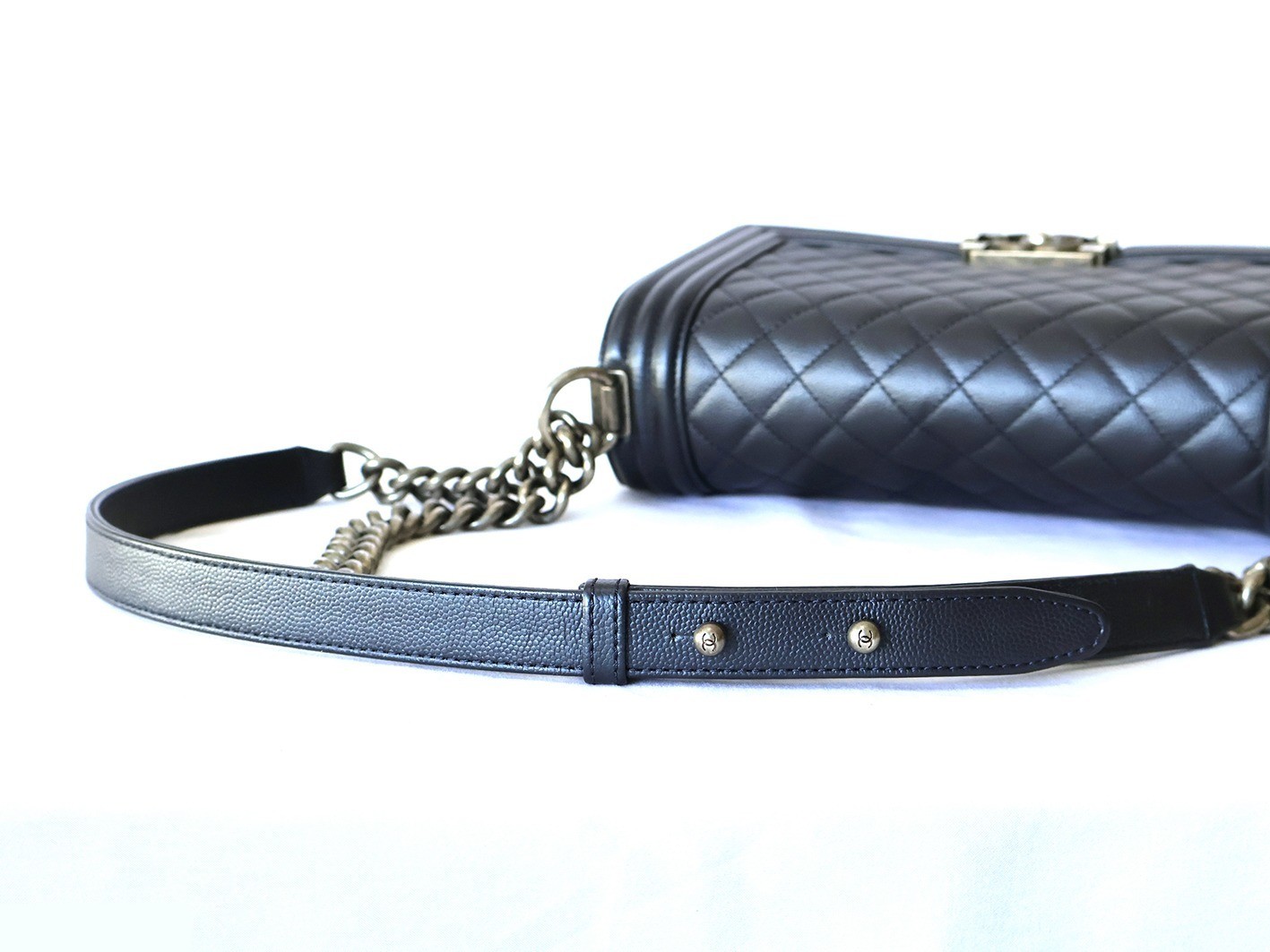 Boy Chanel caviar leather chain shoulder bag, navy — view 8