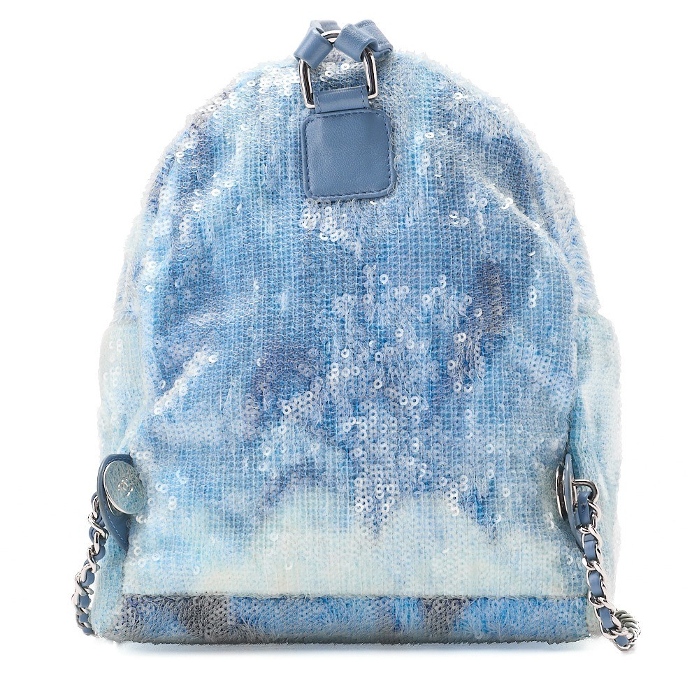 Sequined Coco Mark Chain Backpack, Blue, Multicolor — view 2