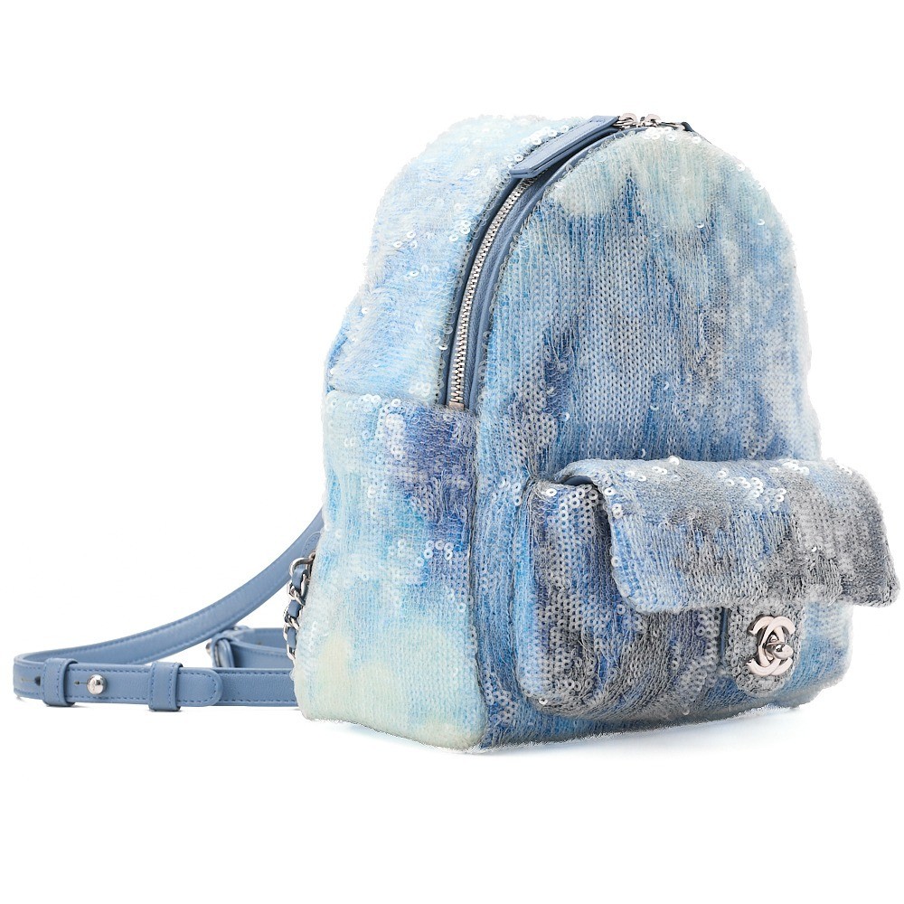 Sequined Coco Mark Chain Backpack, Blue, Multicolor — view 3