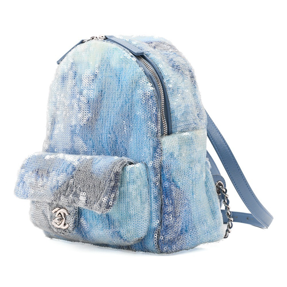 Sequined Coco Mark Chain Backpack, Blue, Multicolor — view 4