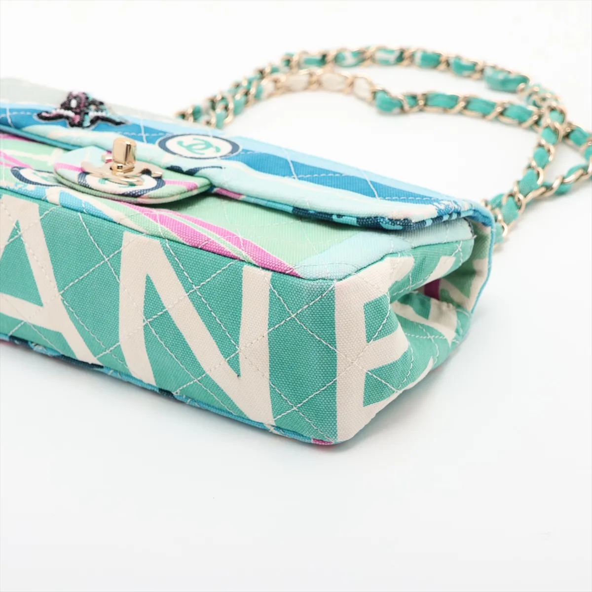 Matelassé Canvas Single Flap Double Chain Bag, Eiffel Tower design, Multicolor, Gold Hardware, 10479878 (Serial Number in the 10s) — view 3