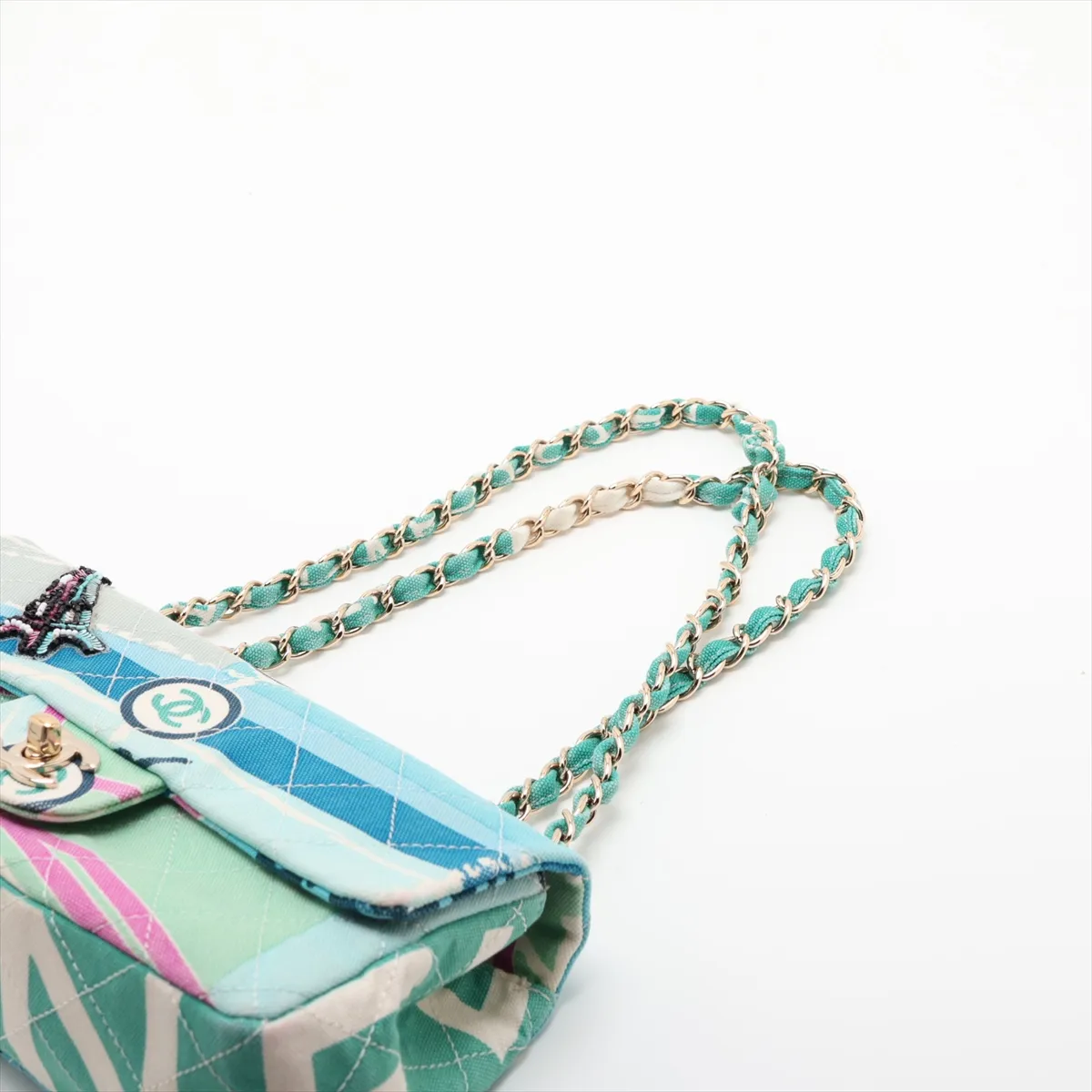 Matelassé Canvas Single Flap Double Chain Bag, Eiffel Tower design, Multicolor, Gold Hardware, 10479878 (Serial Number in the 10s) — view 5