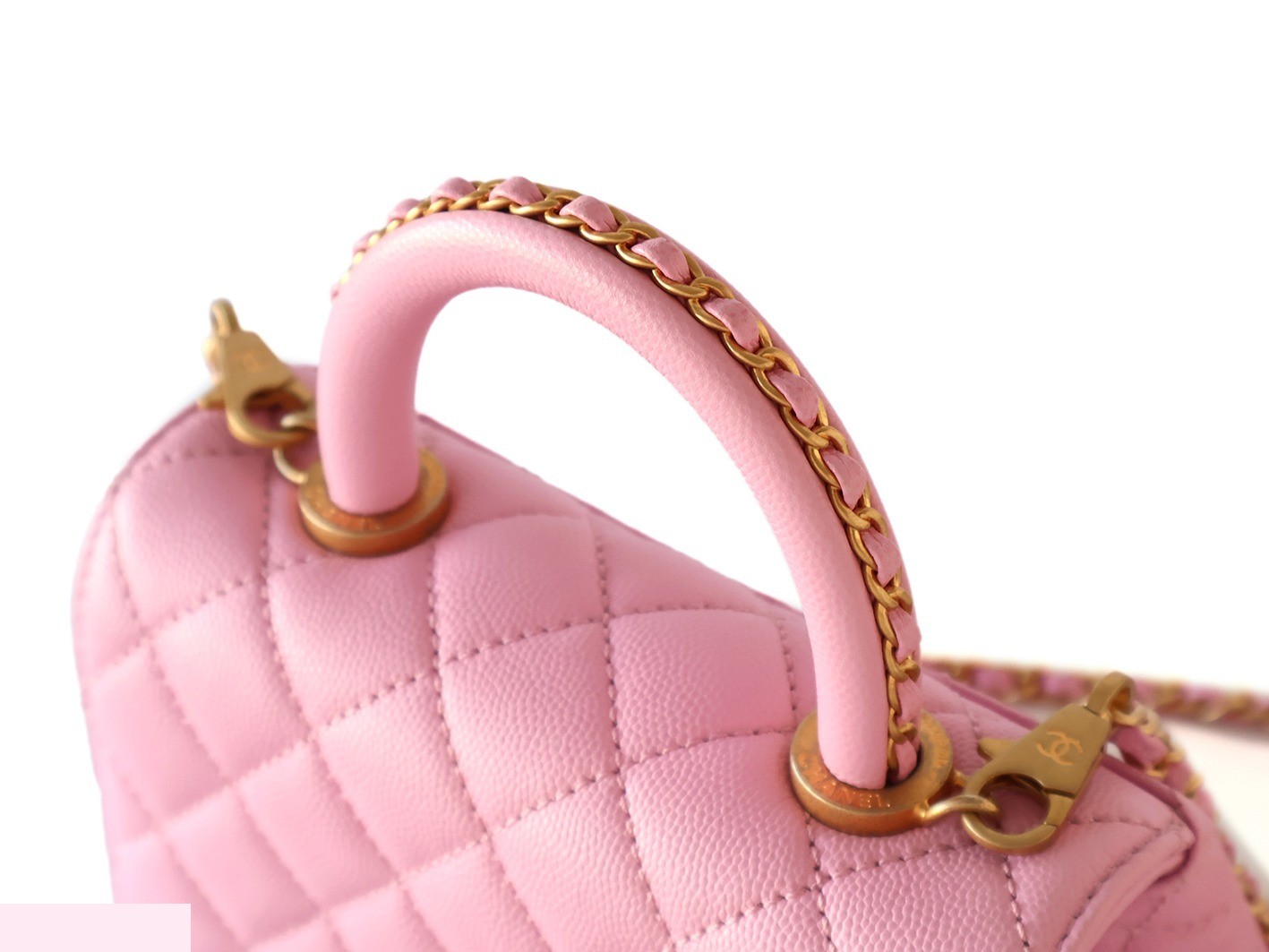 Caviar Skin 20 Coco Handle 2-Way Chain Shoulder Bag, Pink — view 7