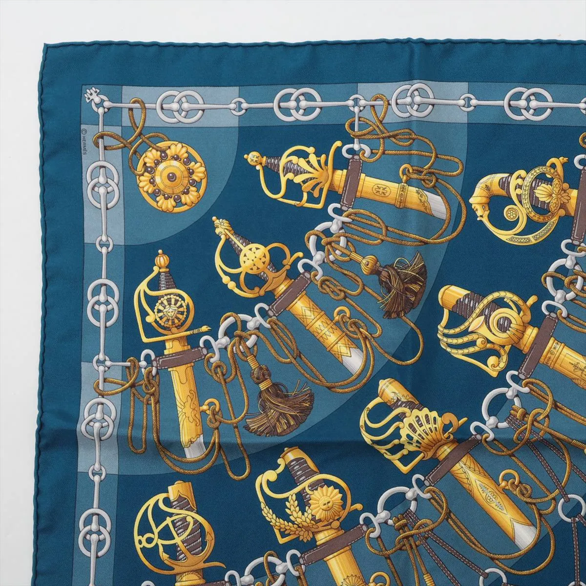 Carre 45 Cliquetis scarf, silk, blue-green. Shows signs of wear, including loose threads, — view 2