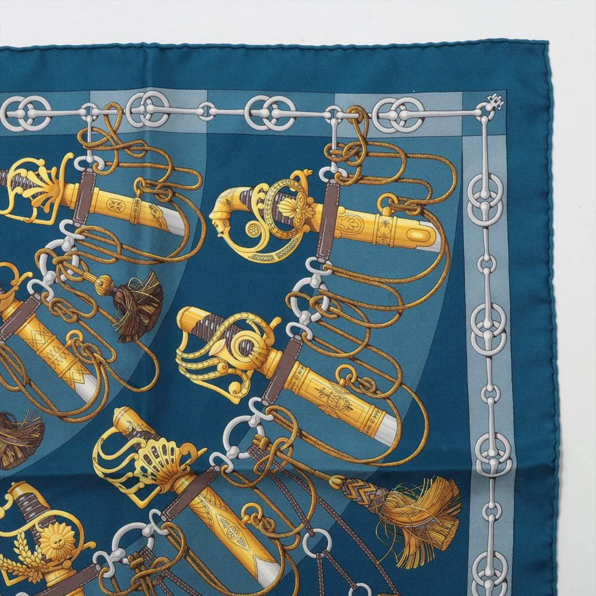 Carre 45 Cliquetis scarf, silk, blue-green. Shows signs of wear, including loose threads, — view 3