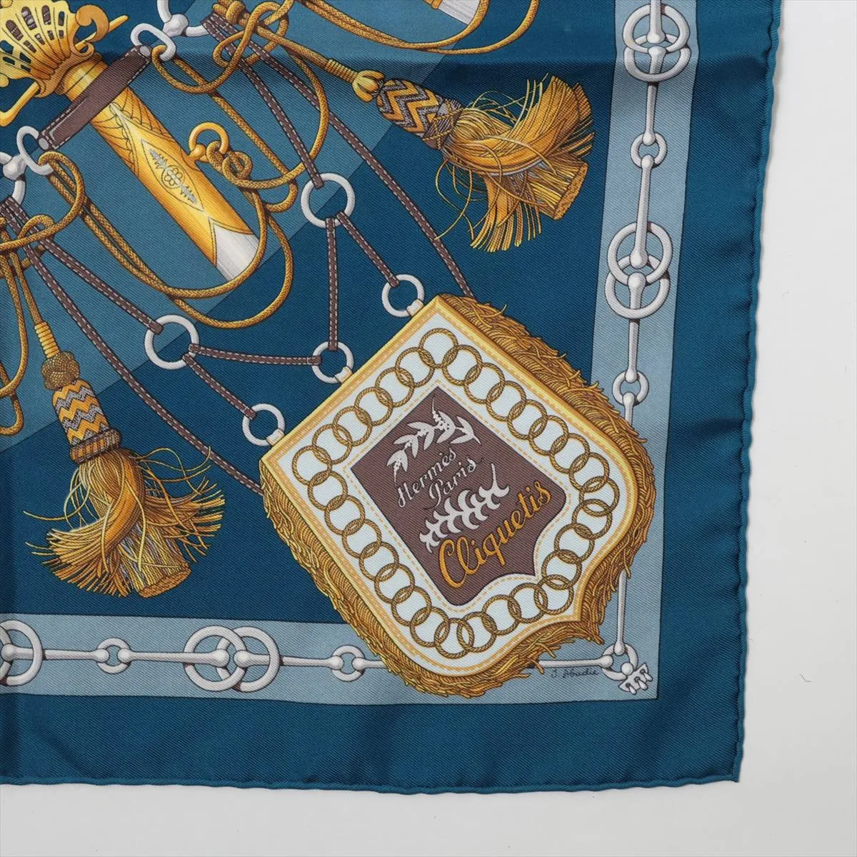 Carre 45 Cliquetis scarf, silk, blue-green. Shows signs of wear, including loose threads, — view 4