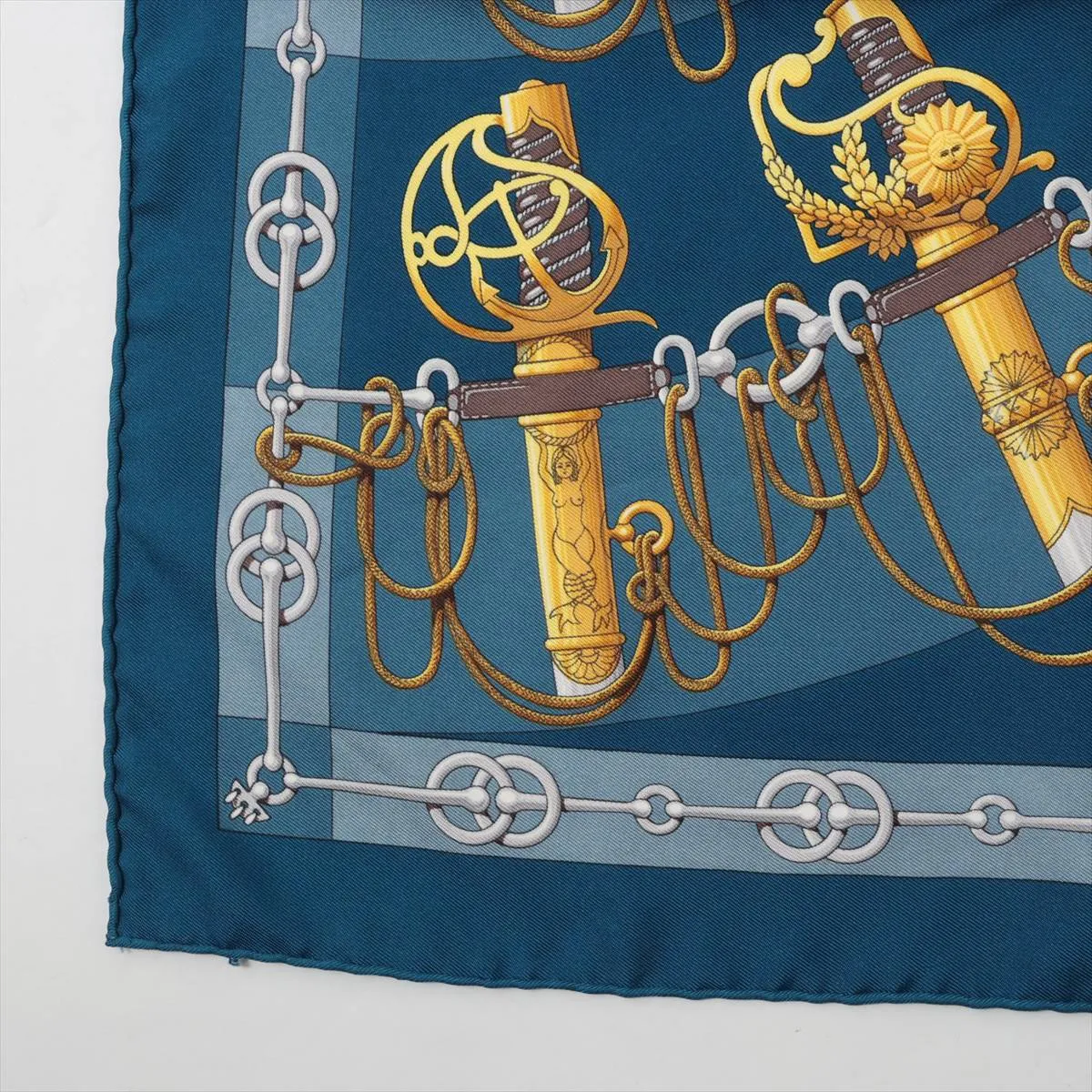 Carre 45 Cliquetis scarf, silk, blue-green. Shows signs of wear, including loose threads, — view 5