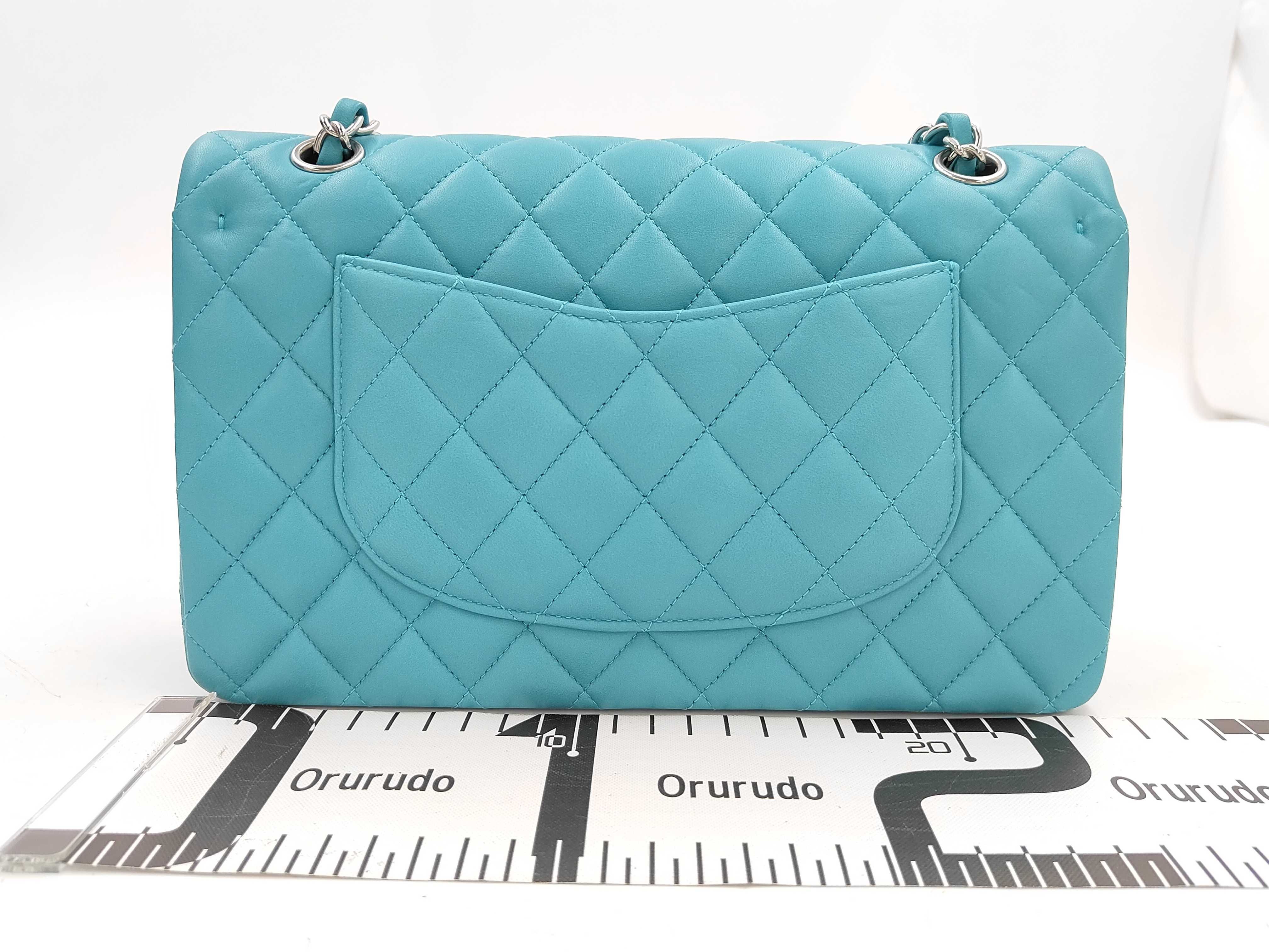 Lambskin Matelassé Double Flap Double Chain Shoulder Bag (Blue) — view 2